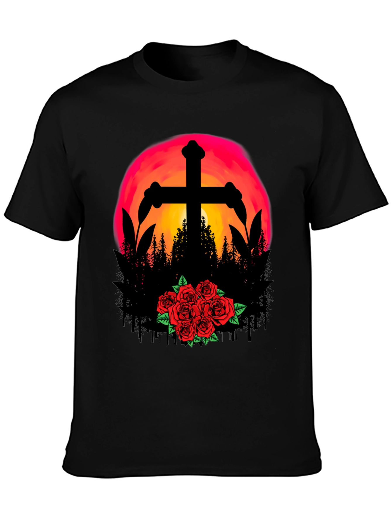 Sunset Cross & Roses Graphic Tee - Black T-Shirt