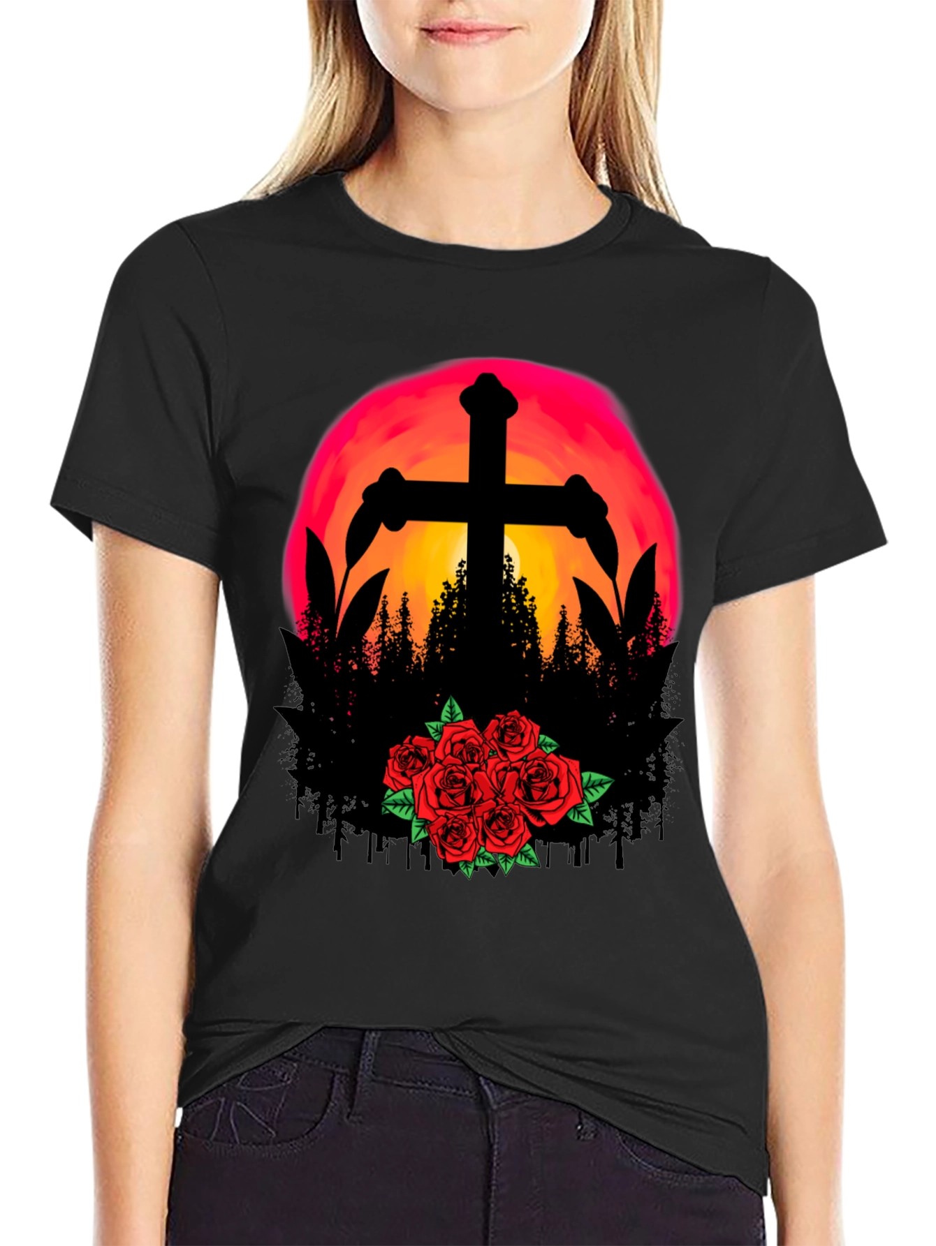 Sunset Cross & Roses Graphic Tee - Black T-Shirt