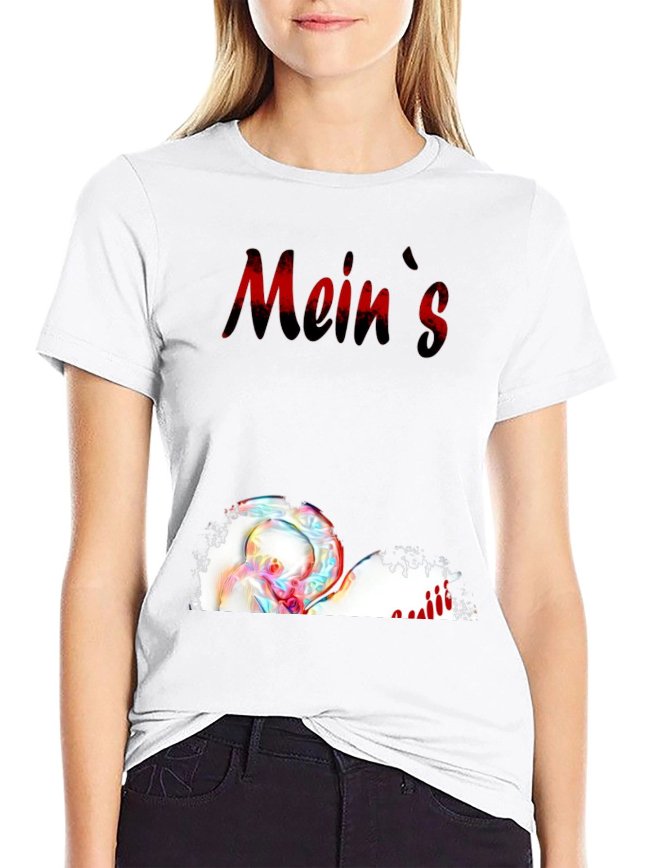 Meins Black Graphic Tee with Heart and Writing