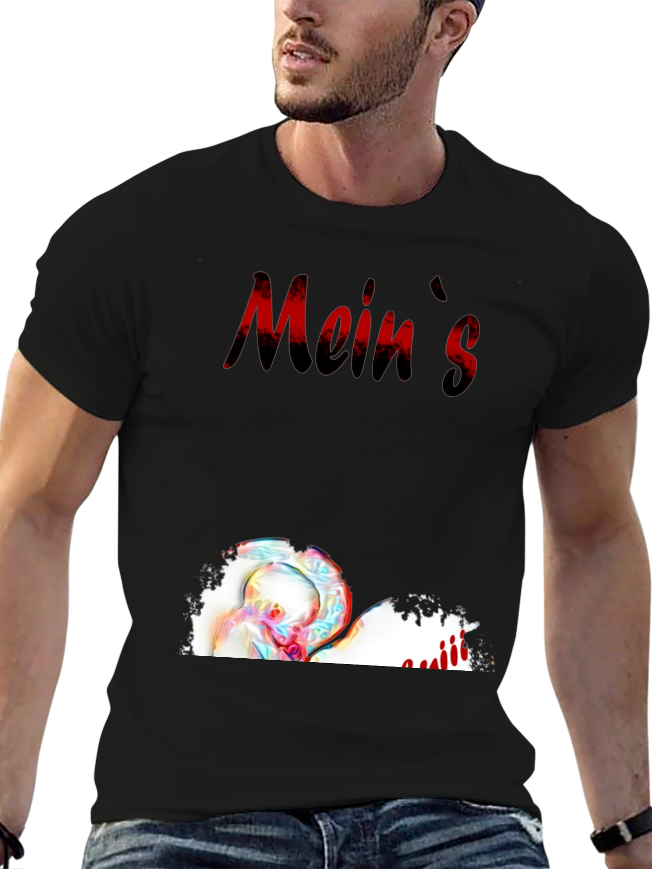 Meins Black Graphic Tee with Heart and Writing