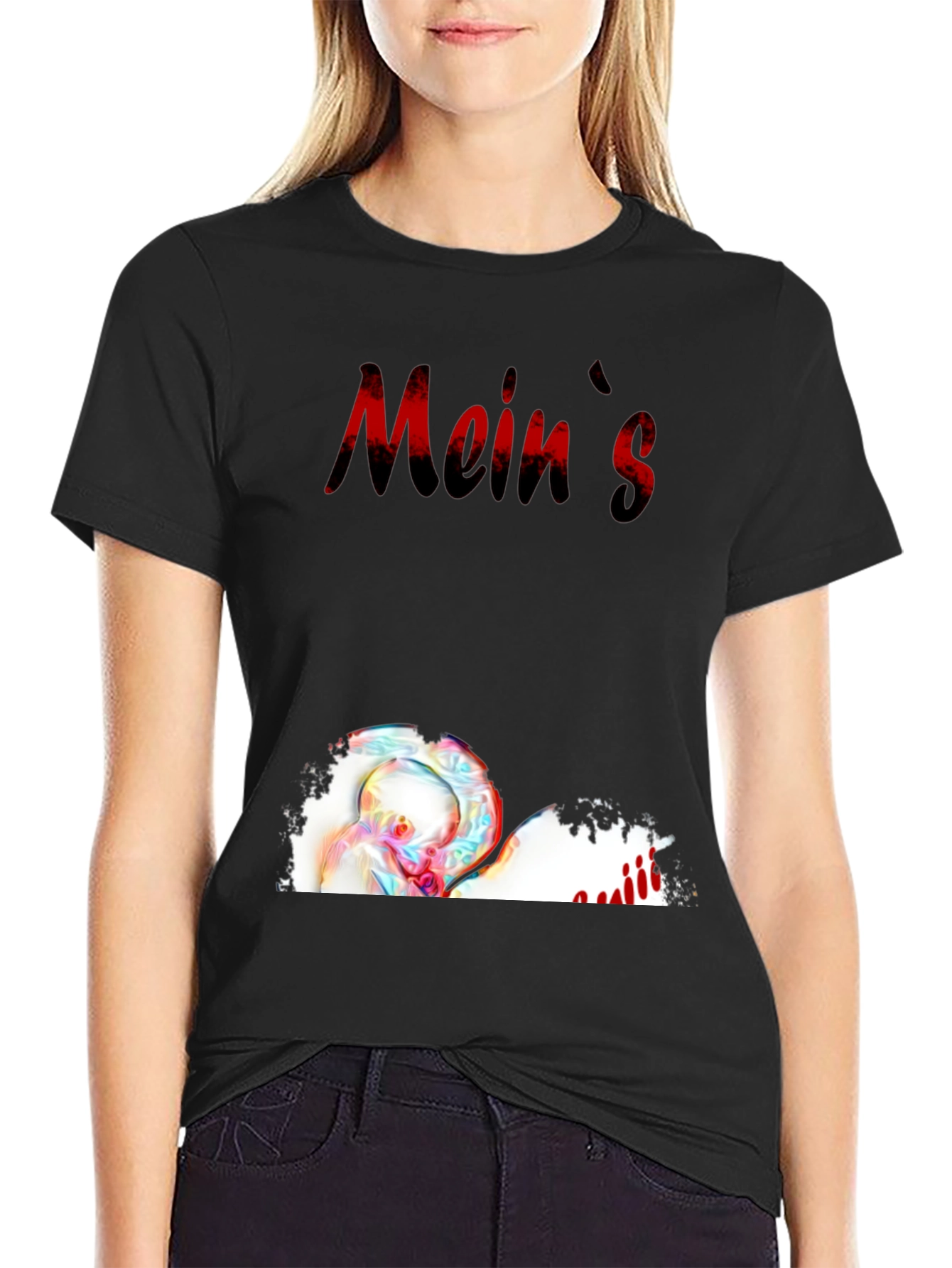 Meins Black Graphic Tee with Heart and Writing