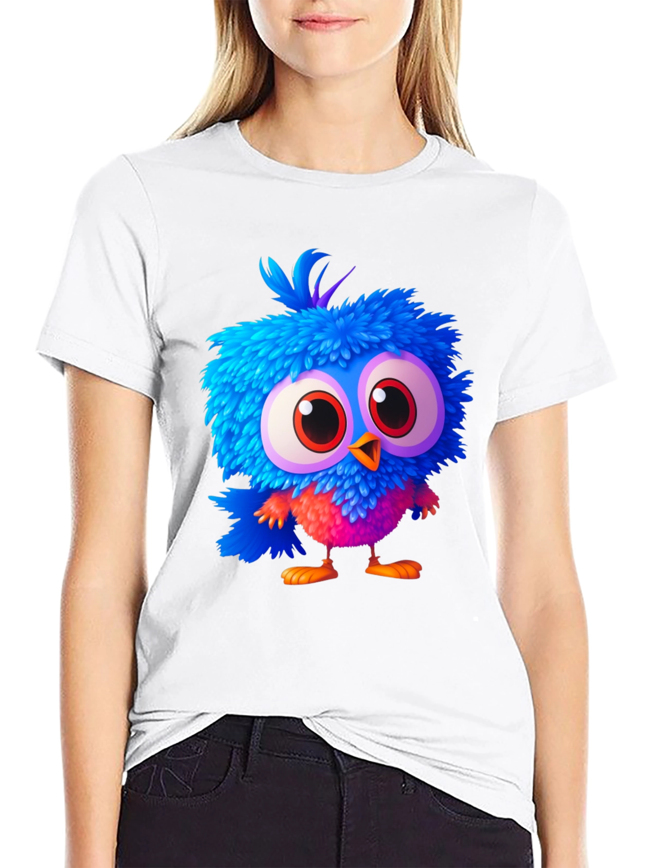 Cartoon Bird Graphic Tee - Soft Black Cotton