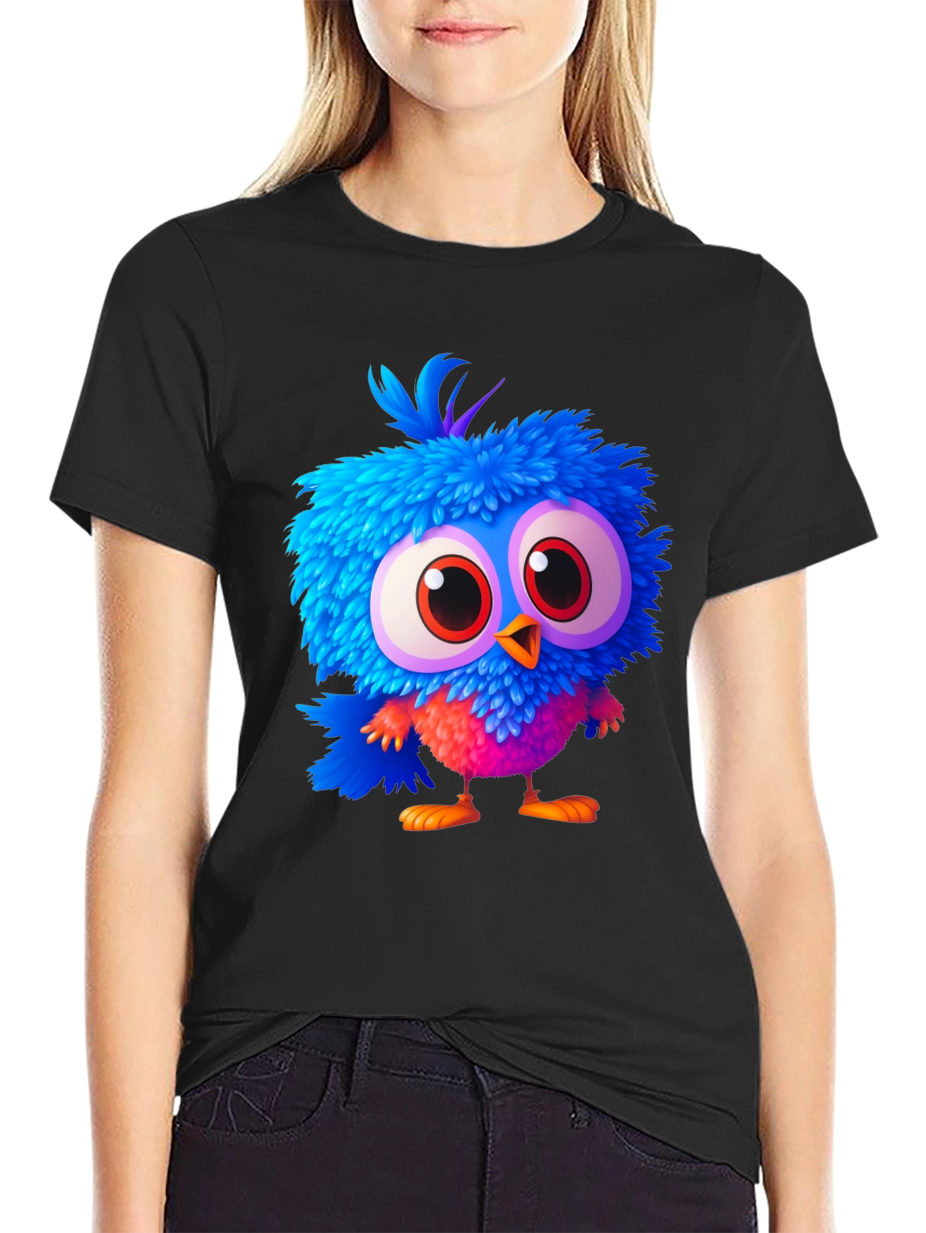Cartoon Bird Graphic Tee - Soft Black Cotton