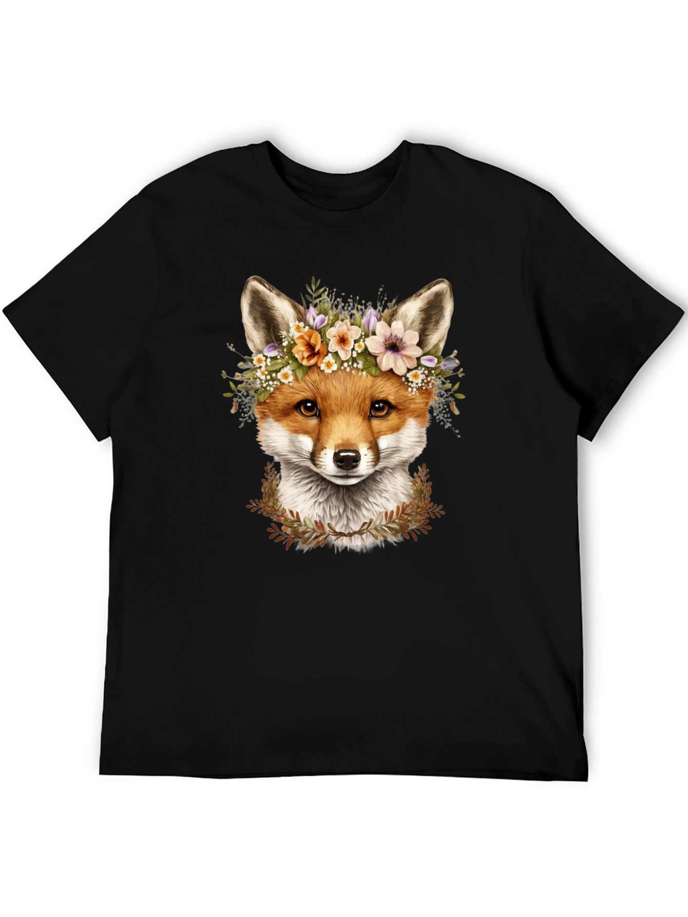 Fox Floral Crown Black T-Shirt