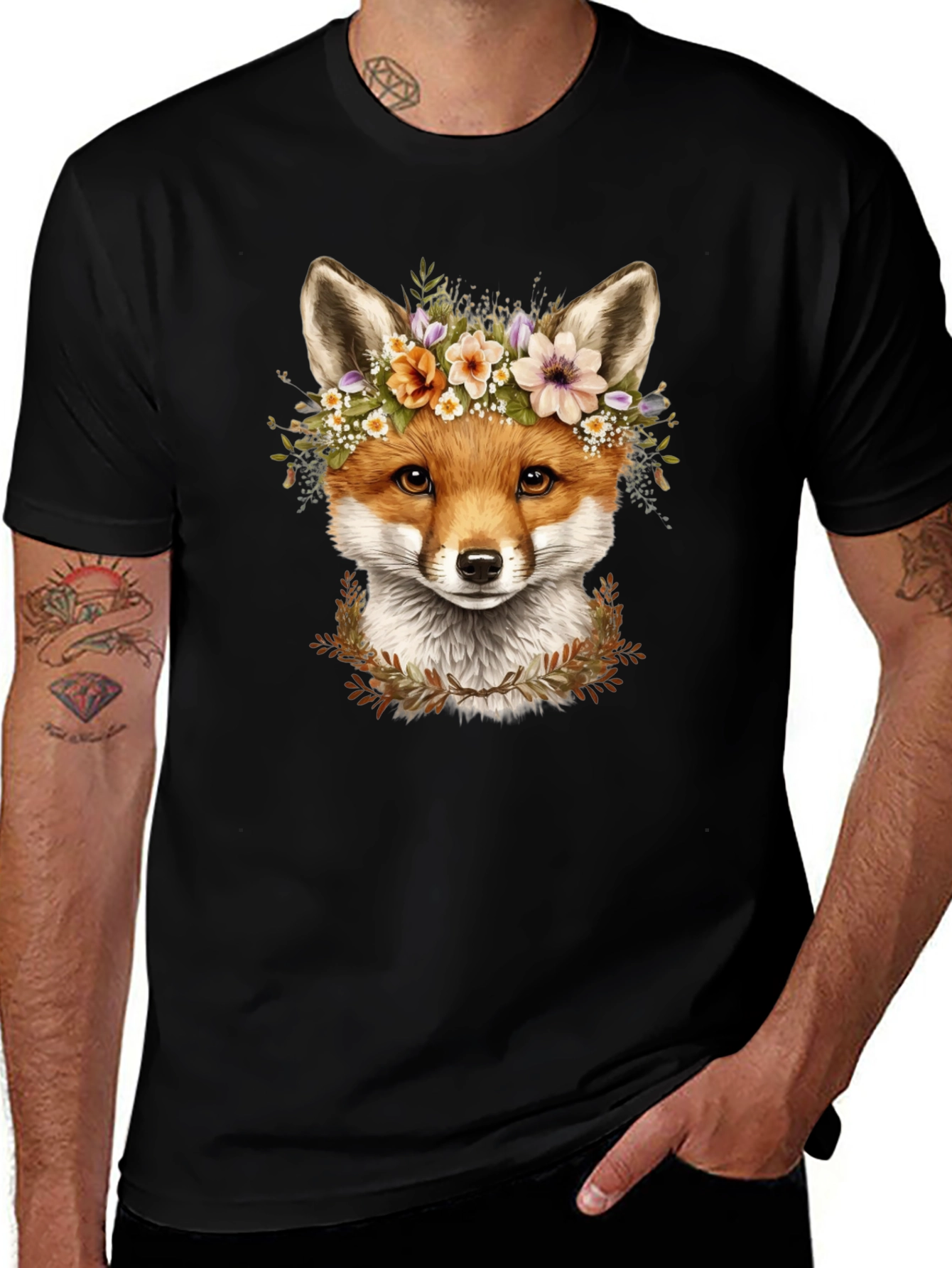 Fox Floral Crown Black T-Shirt