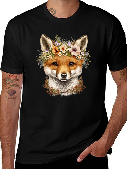 Fox Floral Crown Black T-Shirt