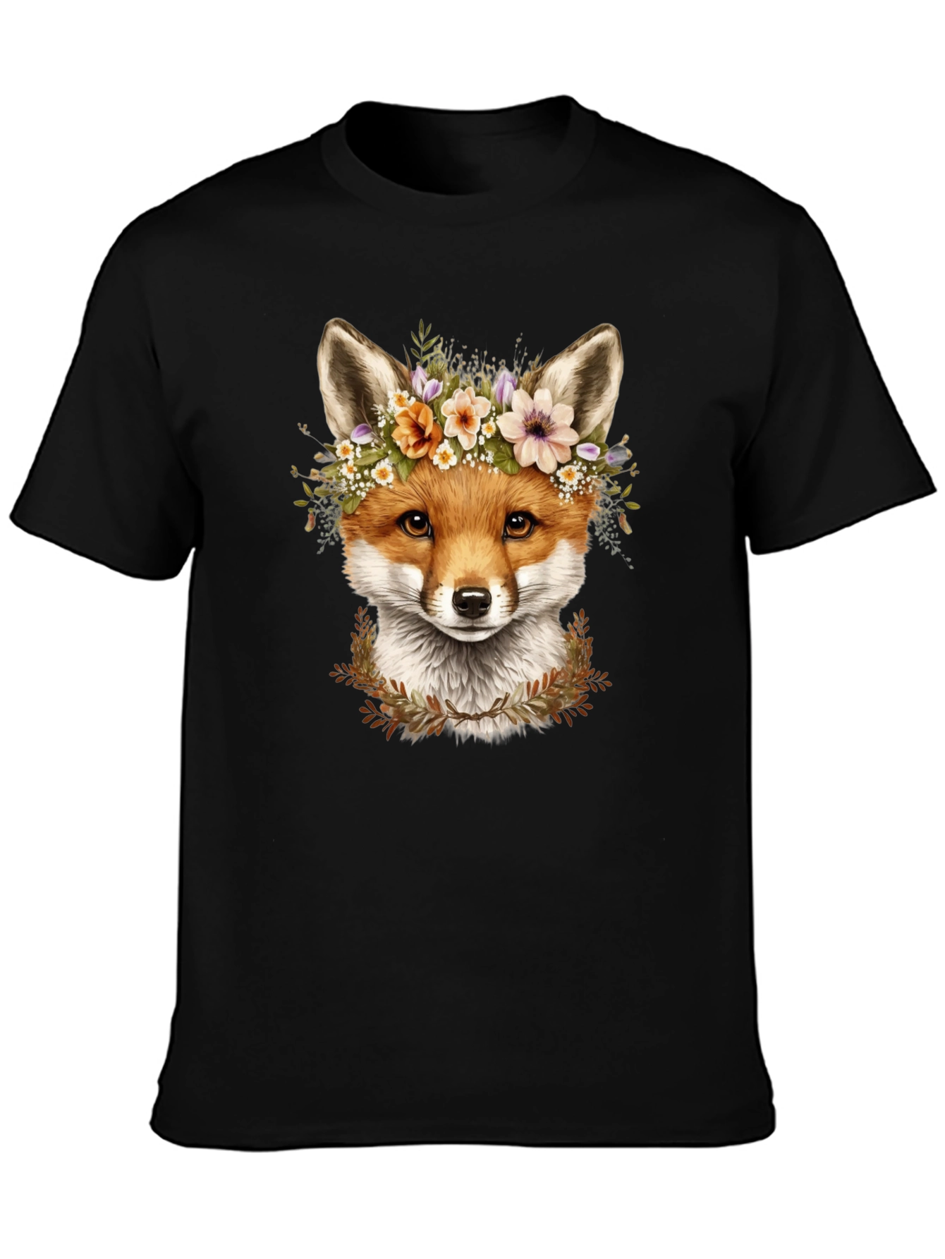 Fox Floral Crown Black T-Shirt