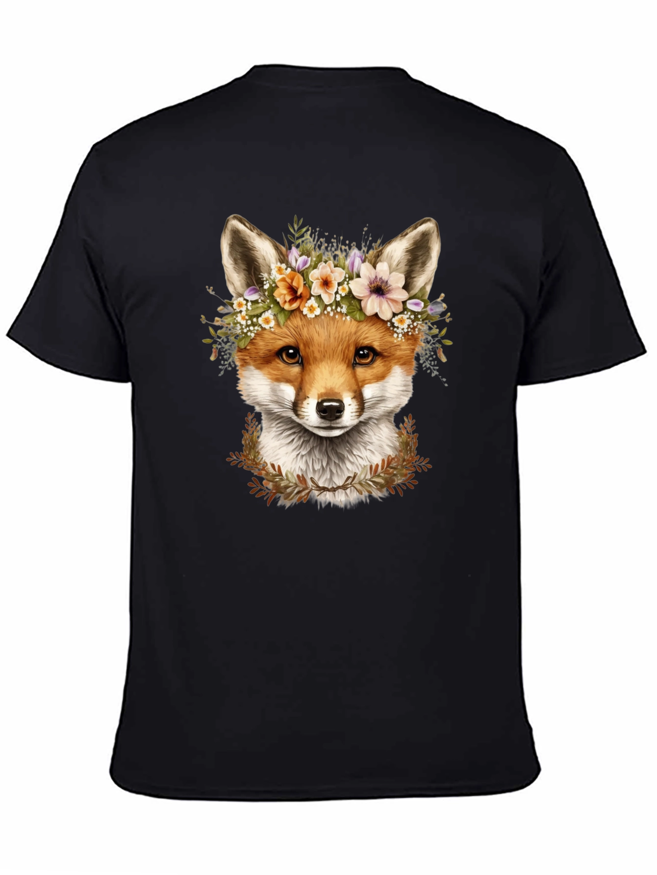 Fox Floral Crown Black T-Shirt