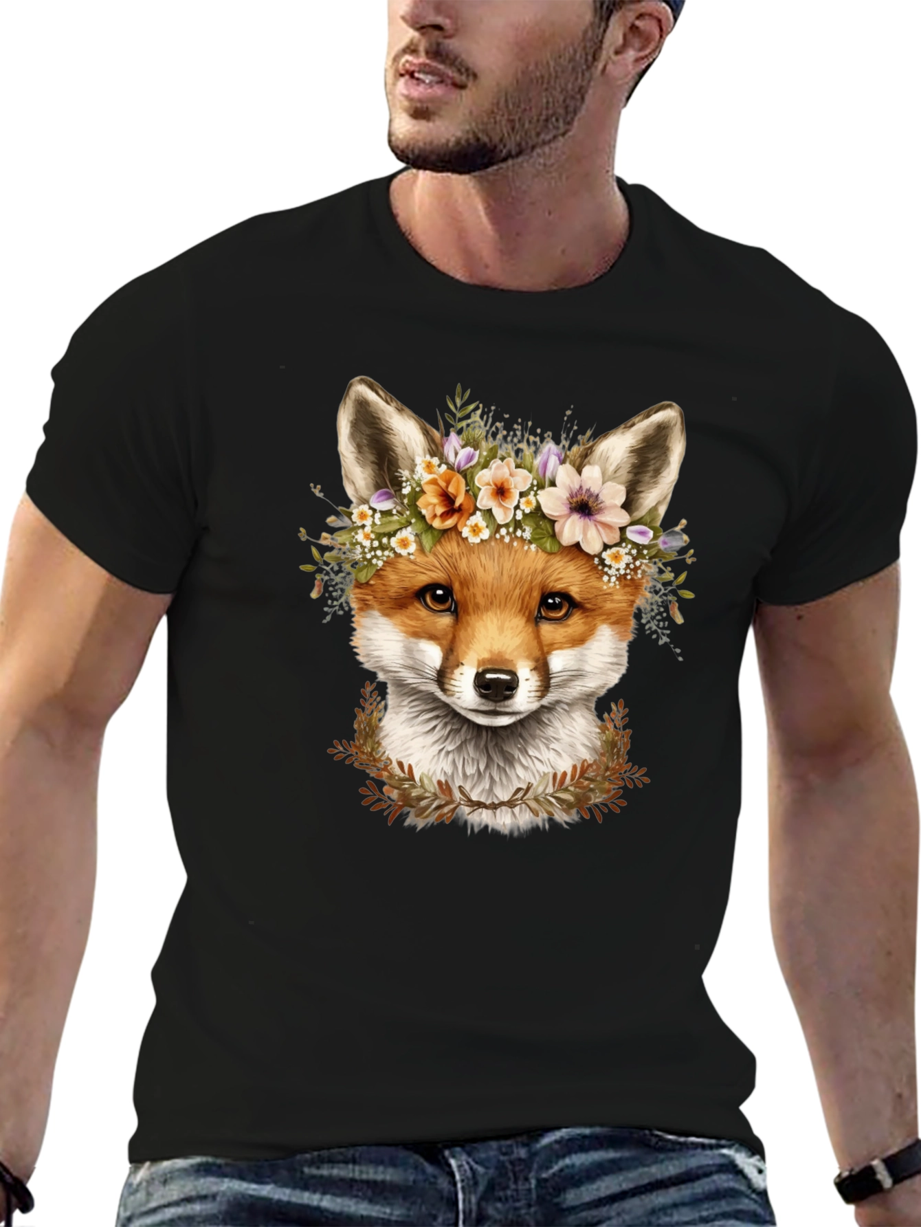 Fox Floral Crown Black T-Shirt