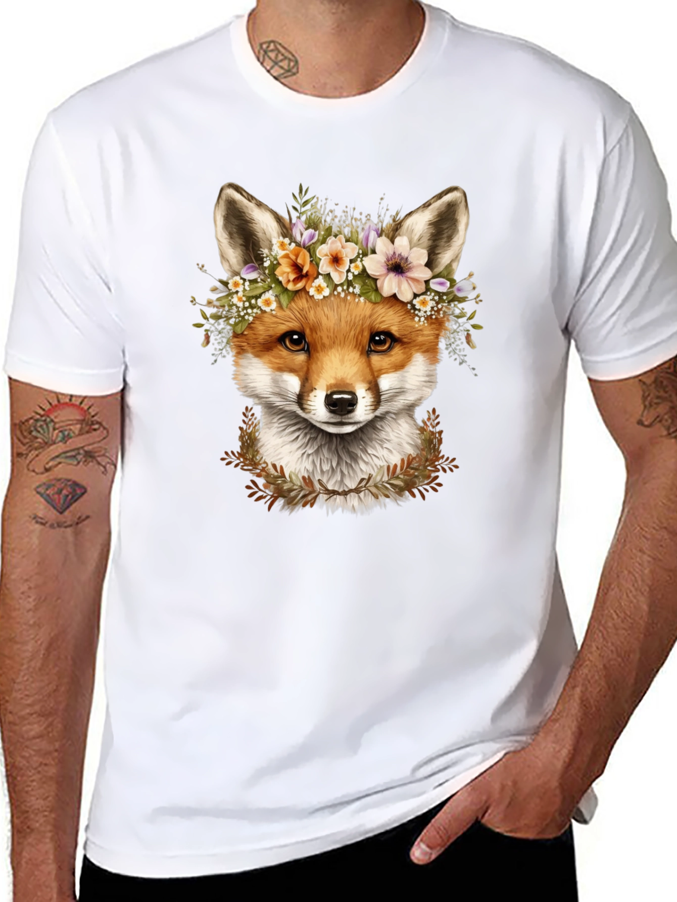 Fox Floral Crown Black T-Shirt