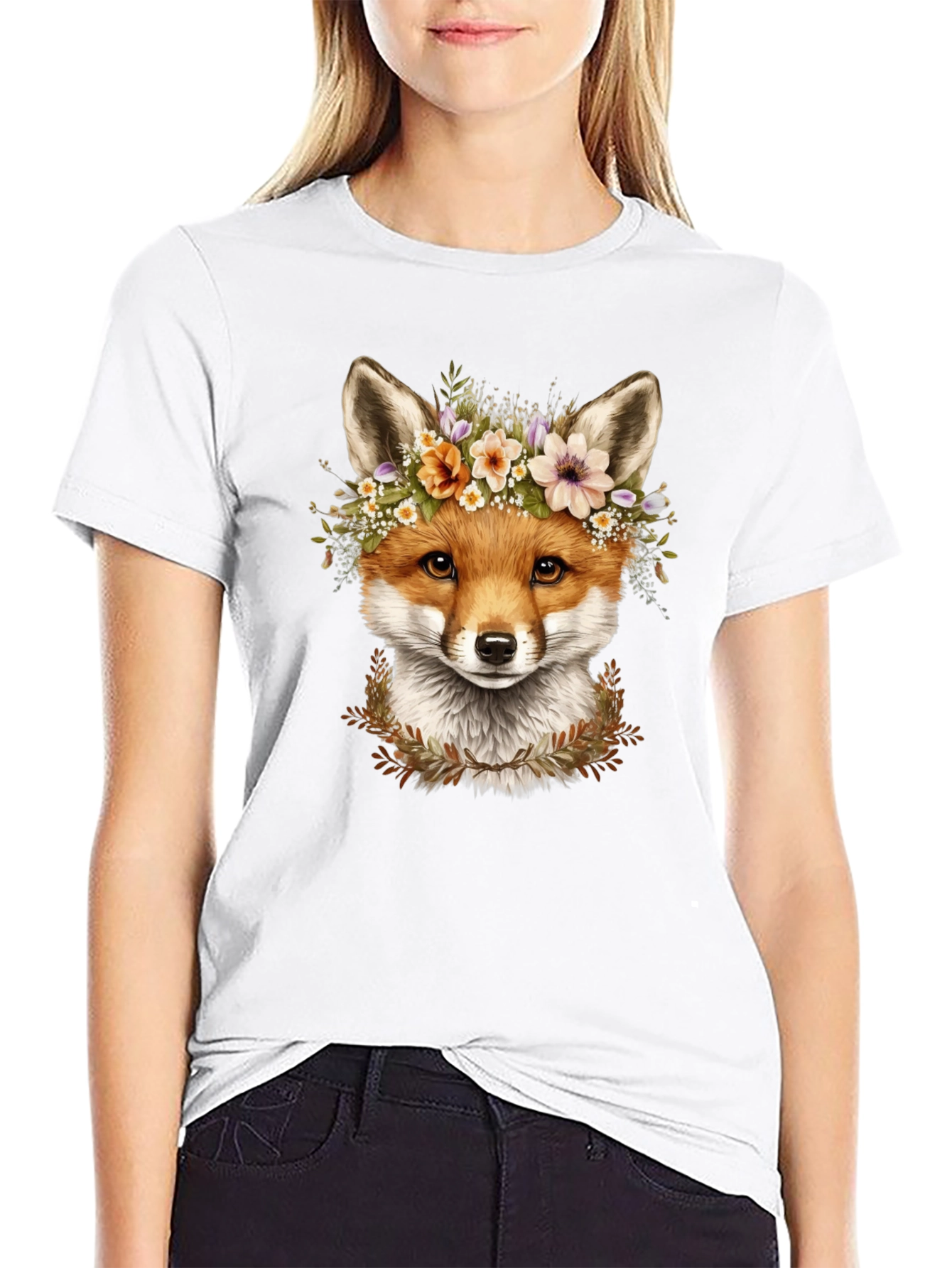 Fox Floral Crown Black T-Shirt