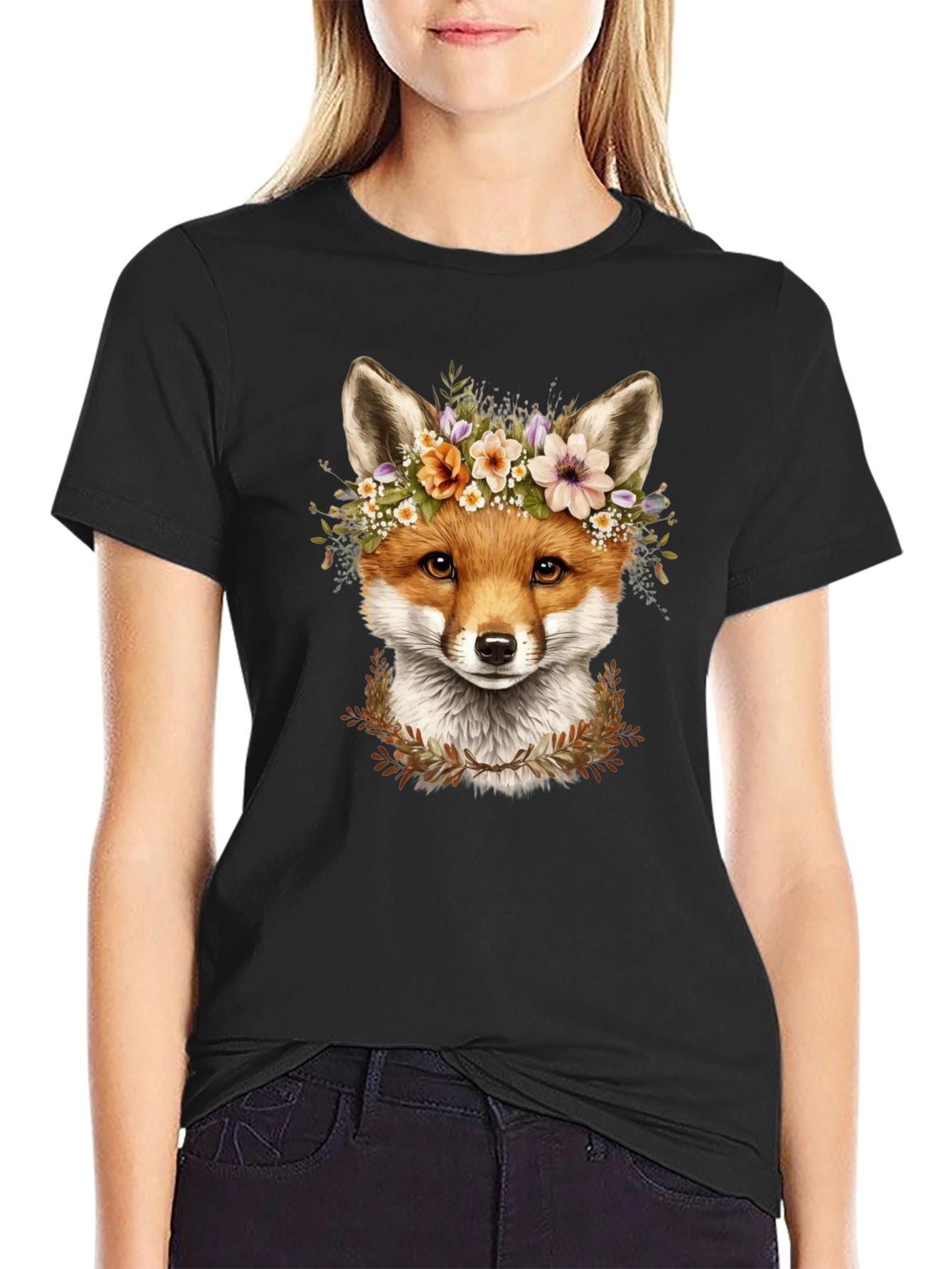 Fox Floral Crown Black T-Shirt
