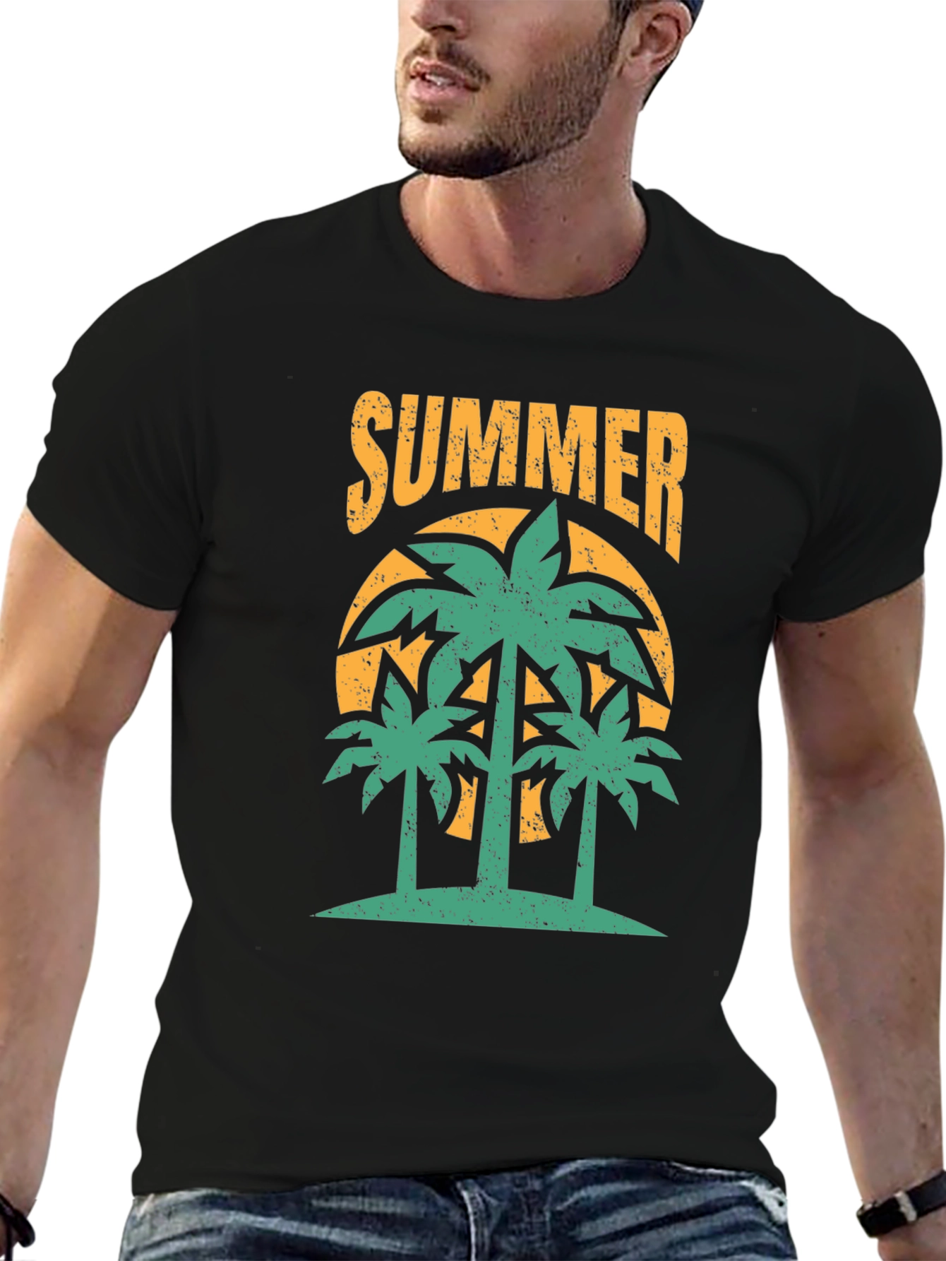 Summer Palm Tree Graphic Black T-Shirt