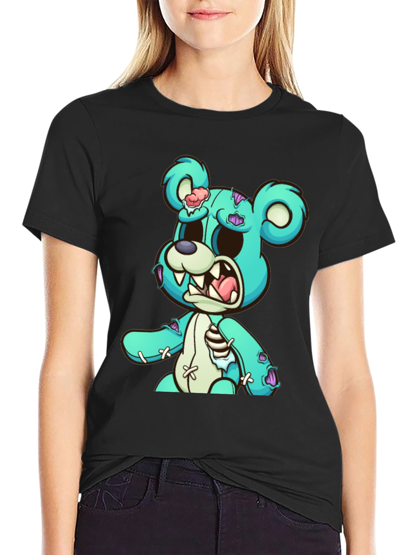 Zombie Teddy Bear Graphic Print Black T-Shirt