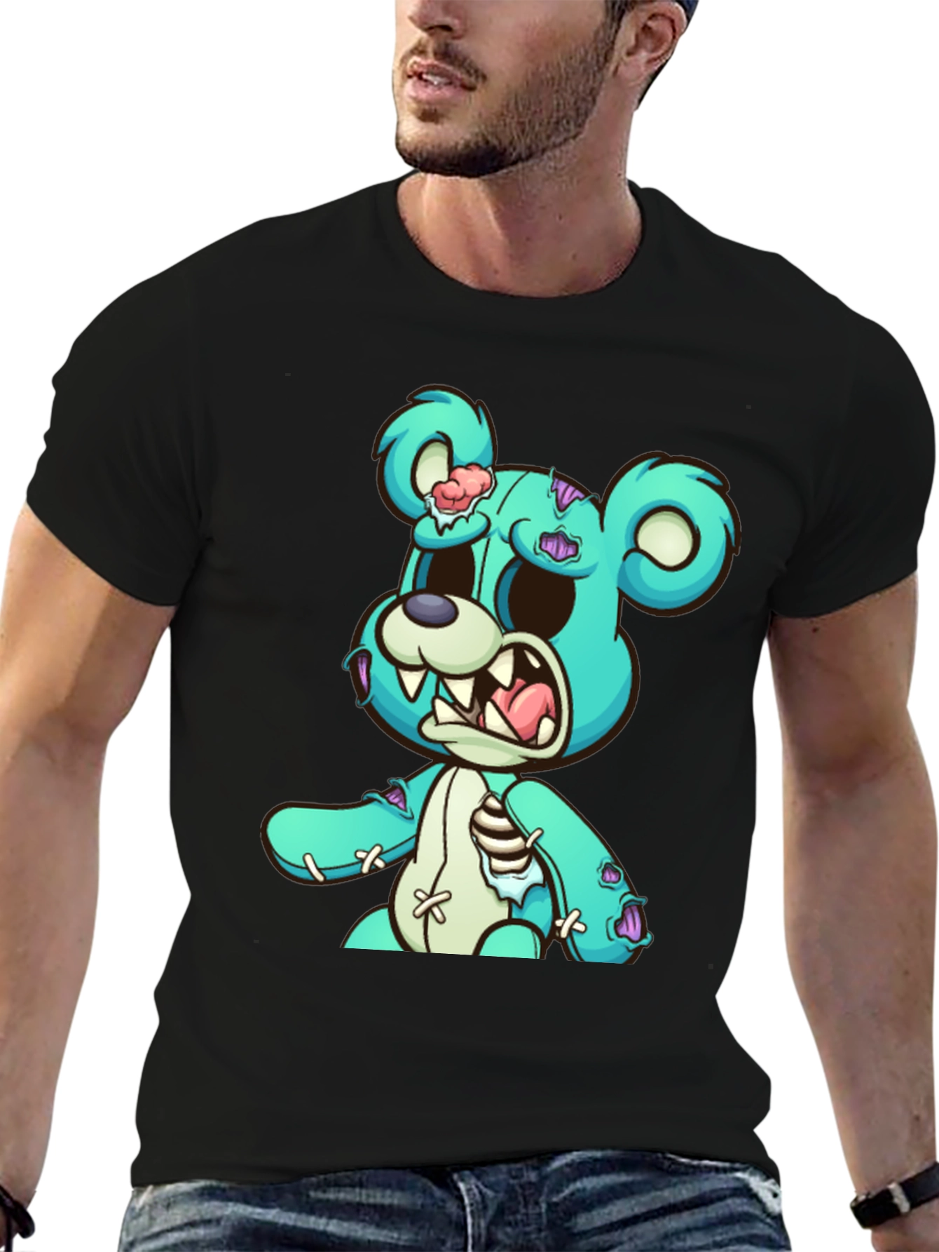 Zombie Teddy Bear Graphic Print Black T-Shirt
