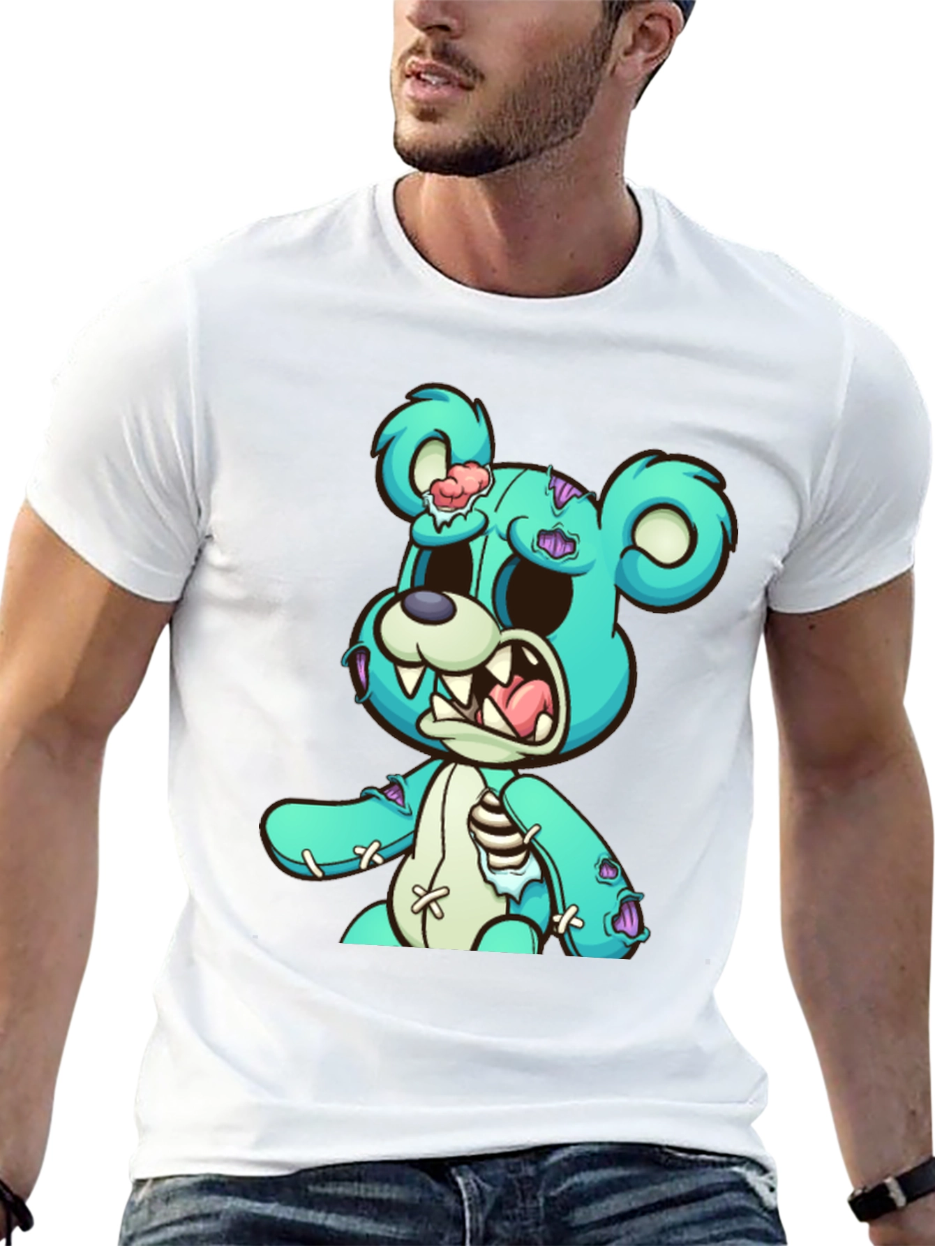 Zombie Teddy Bear Graphic Print Black T-Shirt