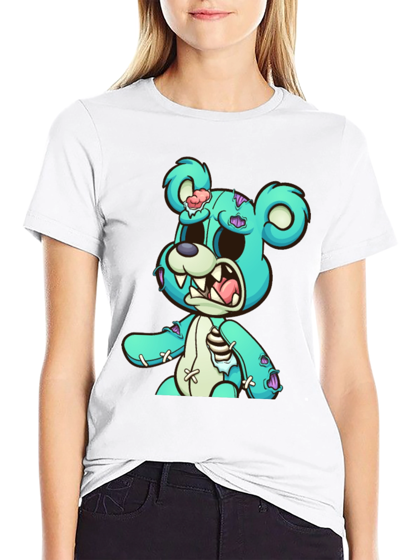 Zombie Teddy Bear Graphic Print Black T-Shirt