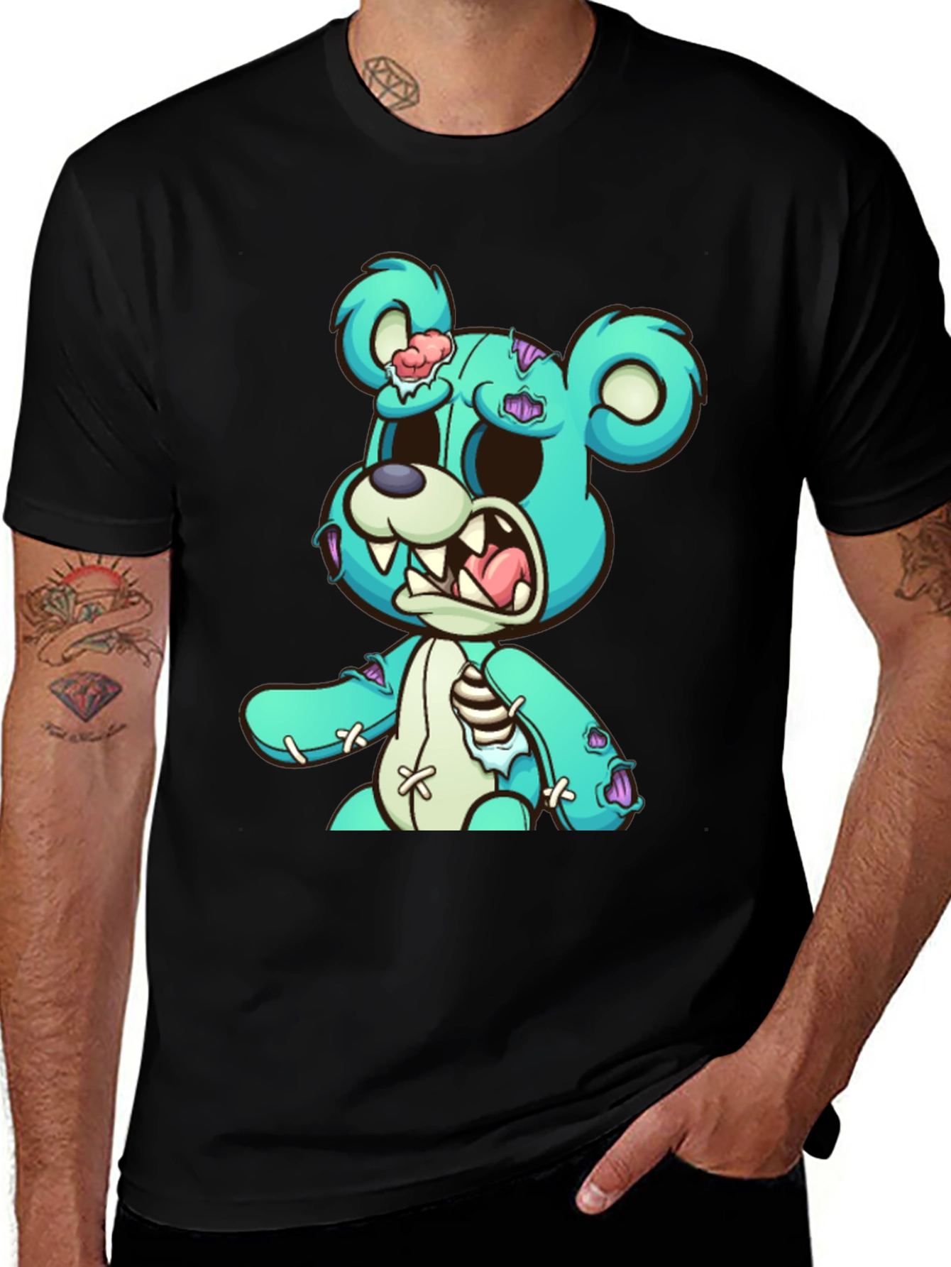 Zombie Teddy Bear Graphic Print Black T-Shirt