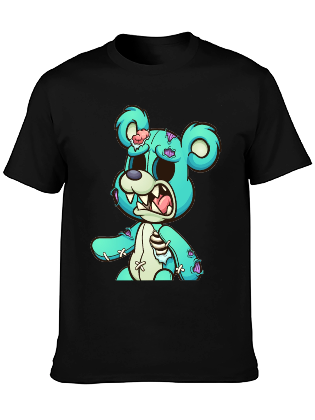 Zombie Teddy Bear Graphic Print Black T-Shirt