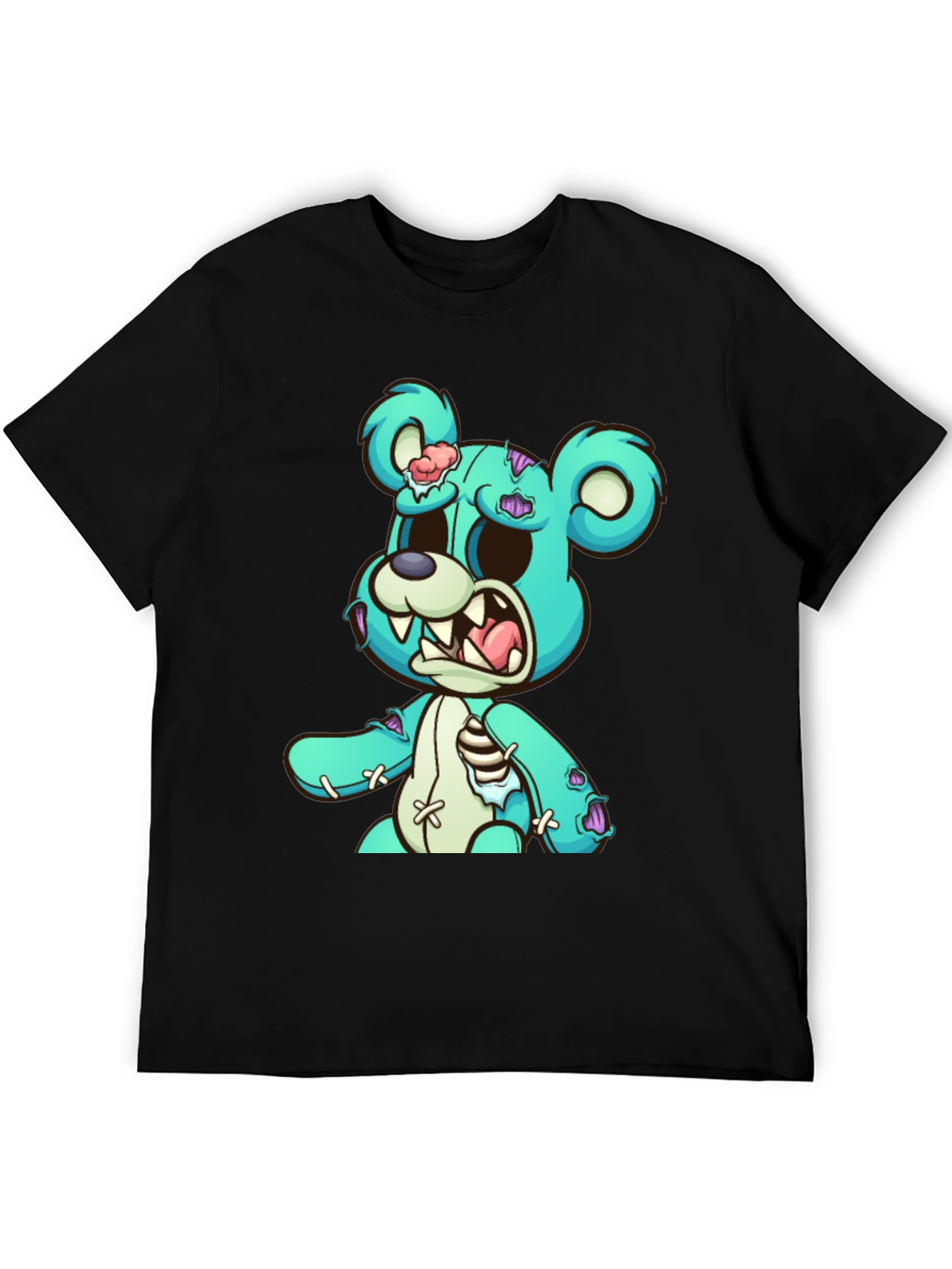 Zombie Teddy Bear Graphic Print Black T-Shirt