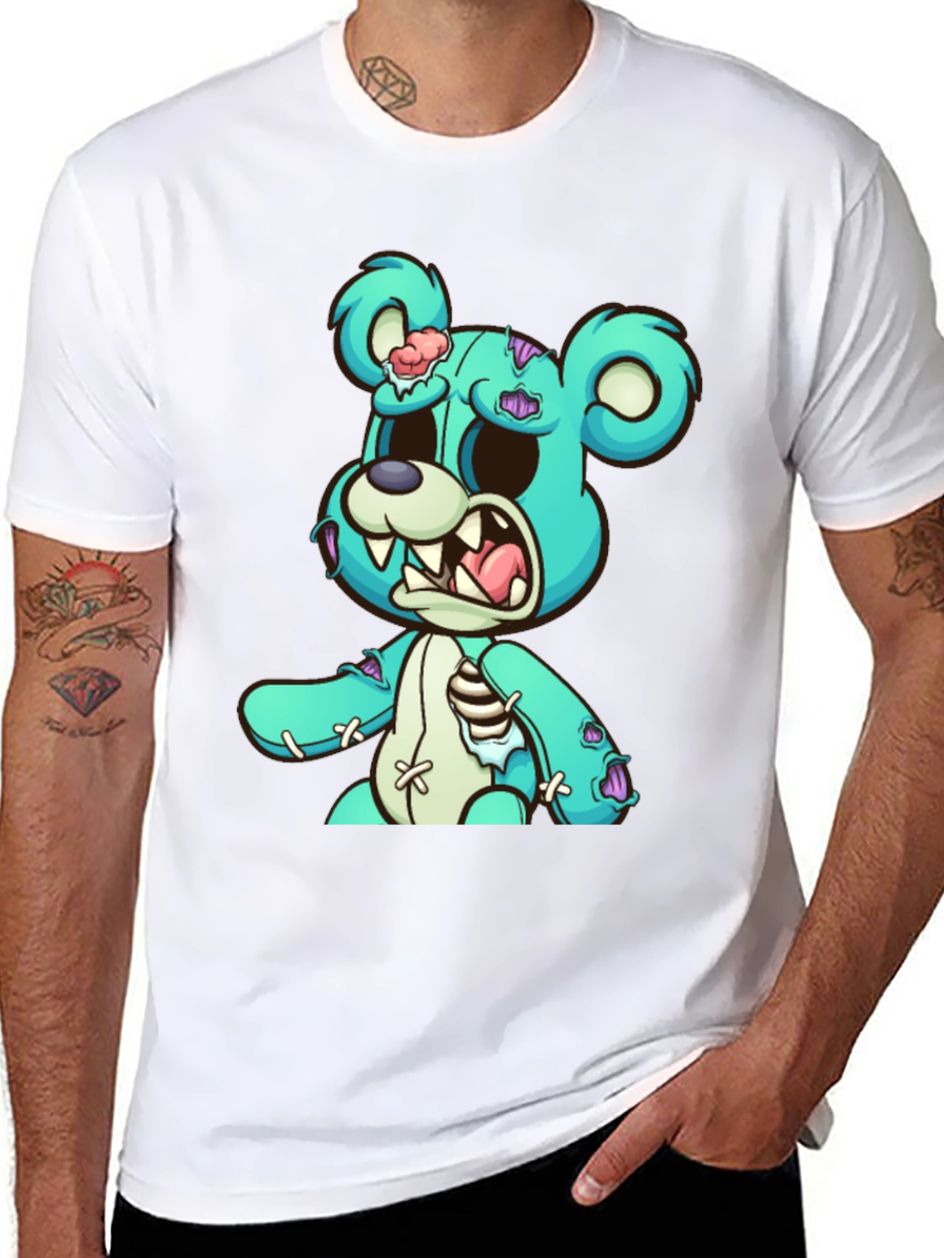 Zombie Teddy Bear Graphic Print Black T-Shirt