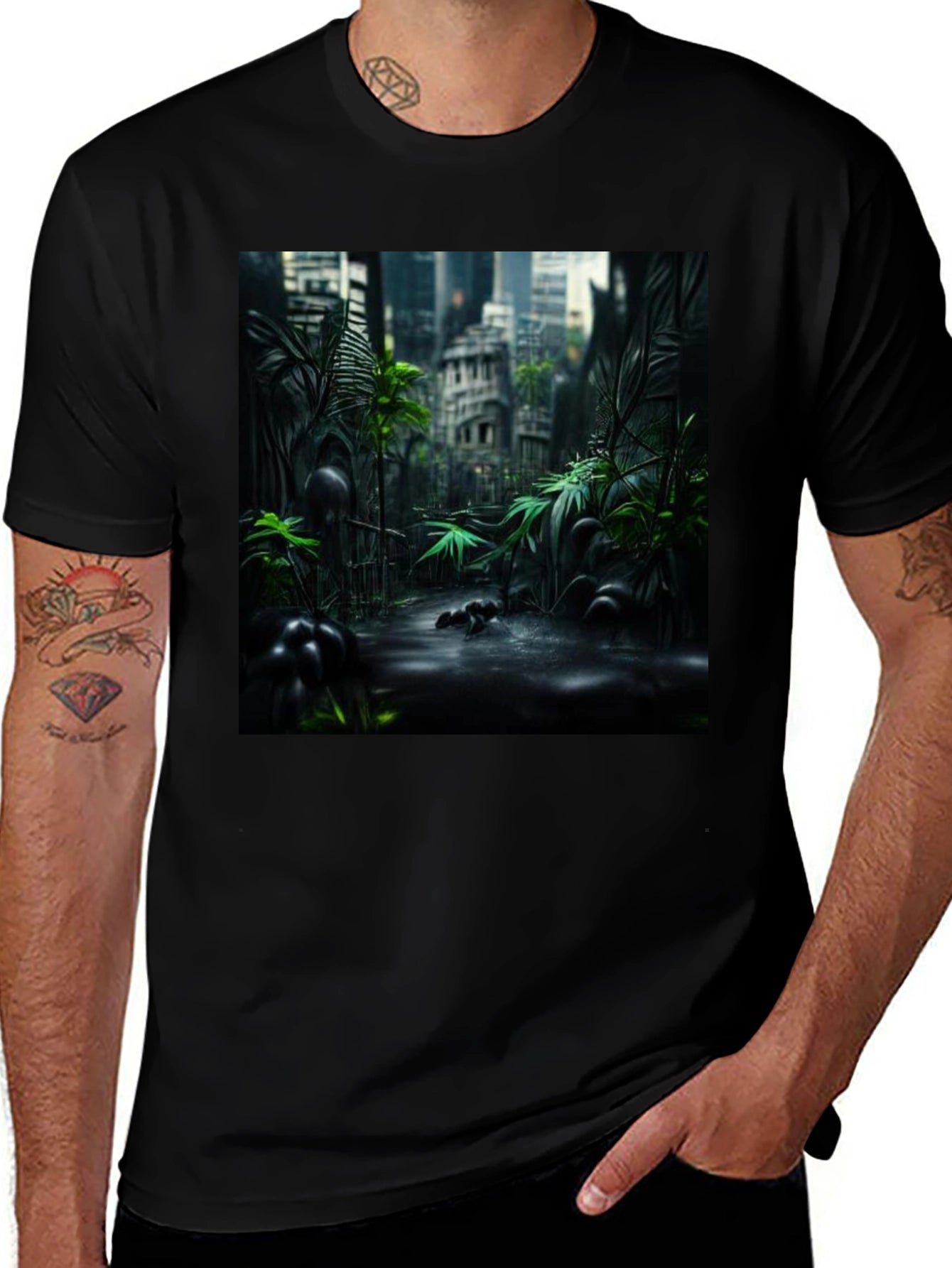 Urban Jungle Graphic Tee - Black Cotton T-Shirt