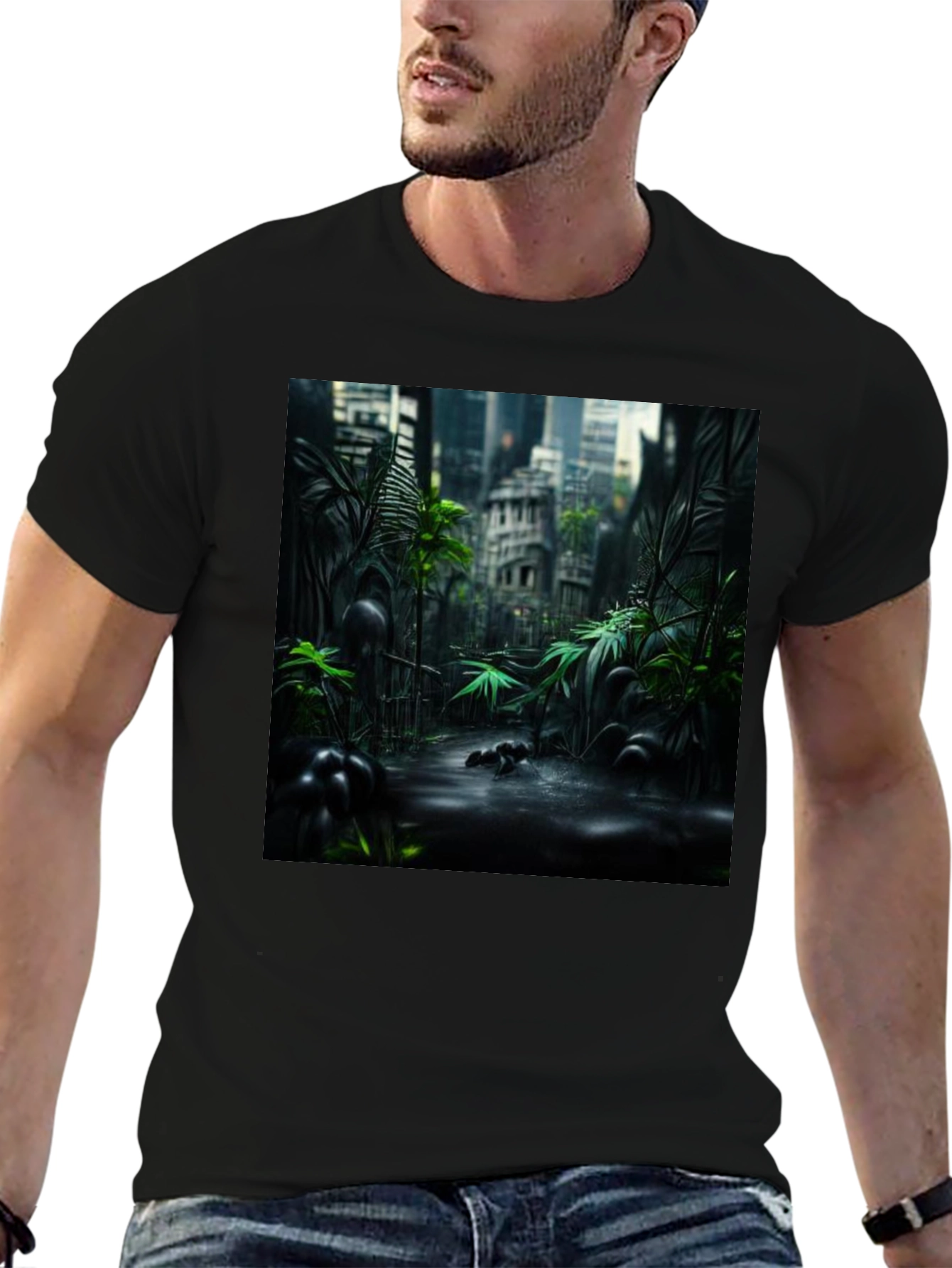Urban Jungle Graphic Tee - Black Cotton T-Shirt