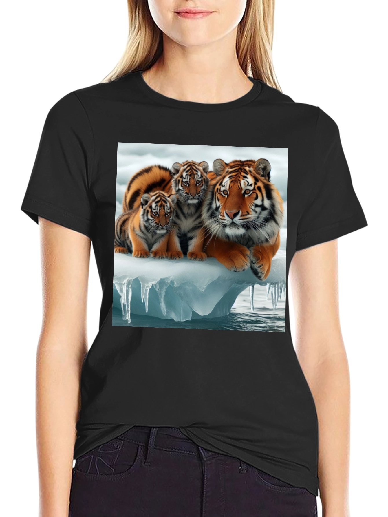 Tiger Family Graphic Tee - Black Cotton T-Shirt