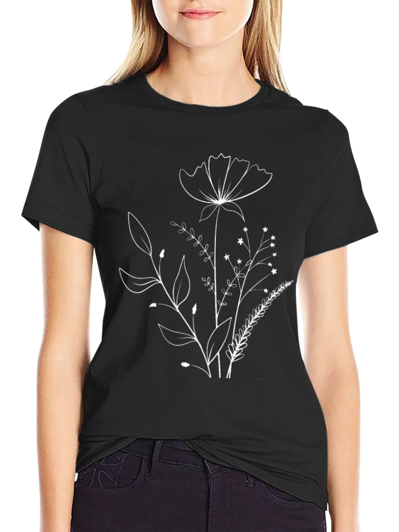 Floral Outline Black T-Shirt