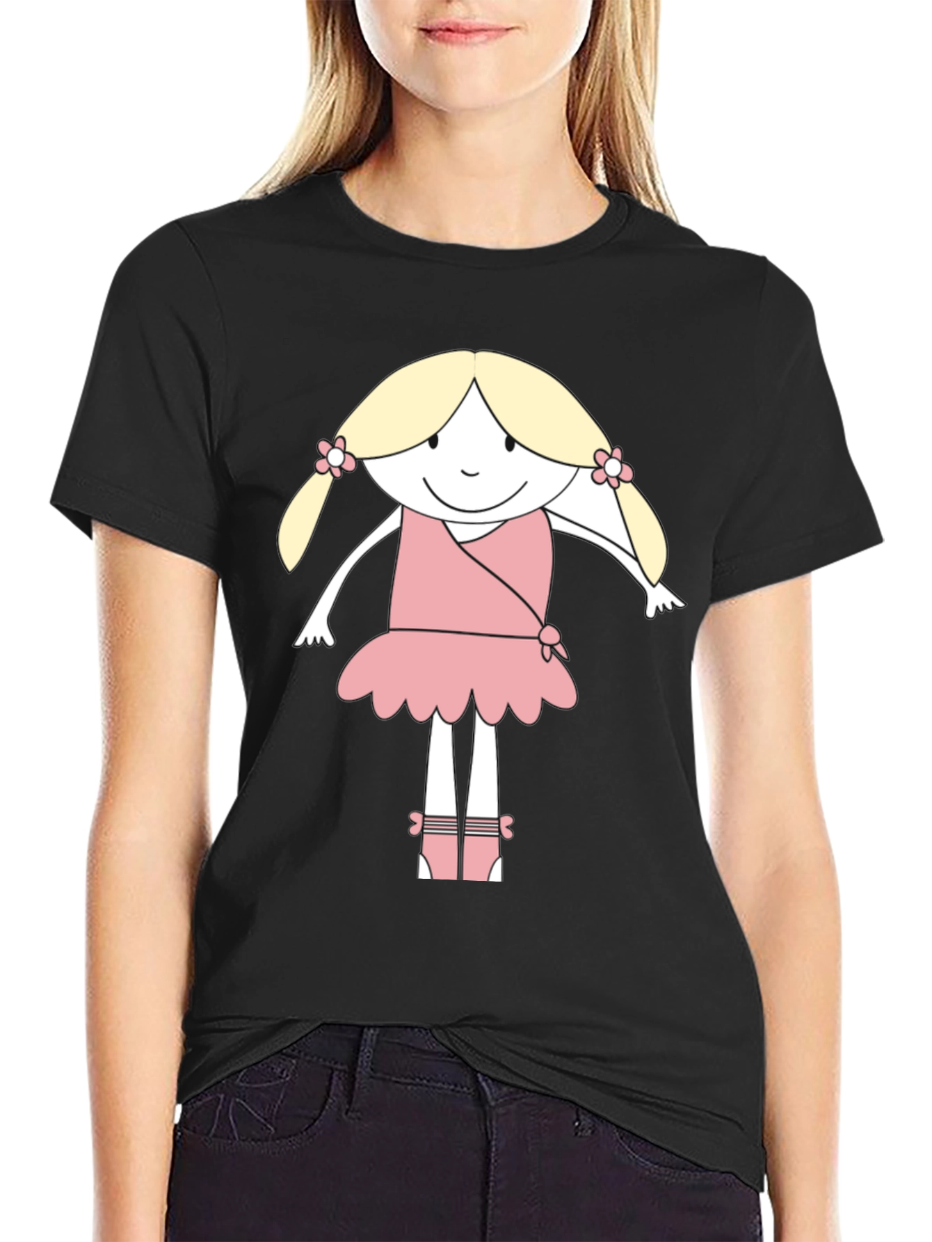 Cute Cartoon Ballerina Black T-Shirt