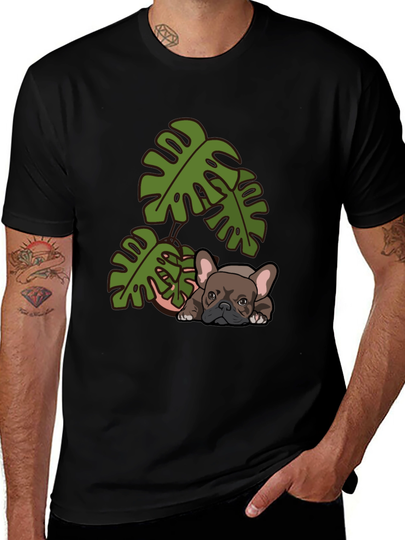 Bulldog & Monstera Leaf Graphic Tee