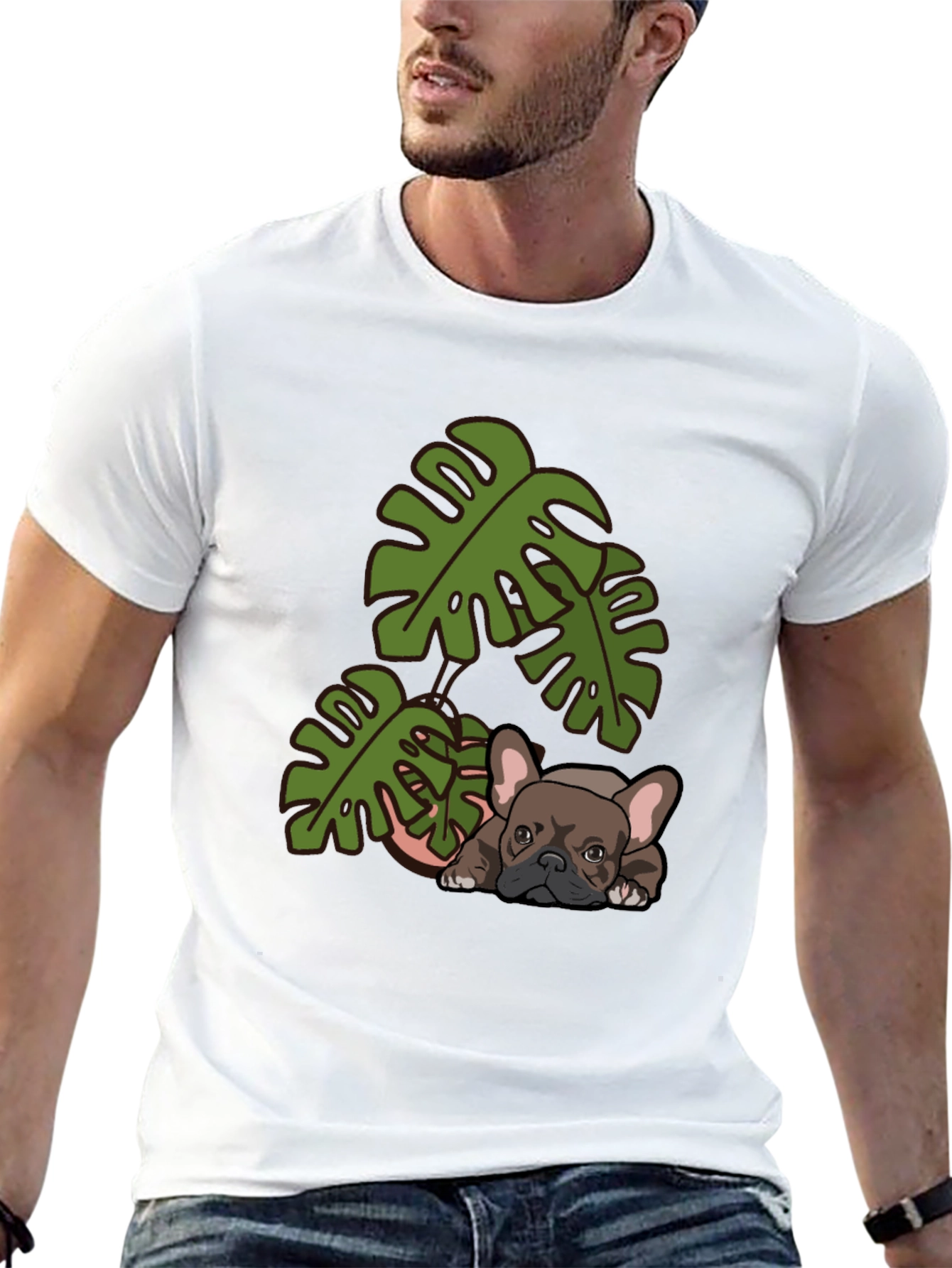 Bulldog & Monstera Leaf Graphic Tee
