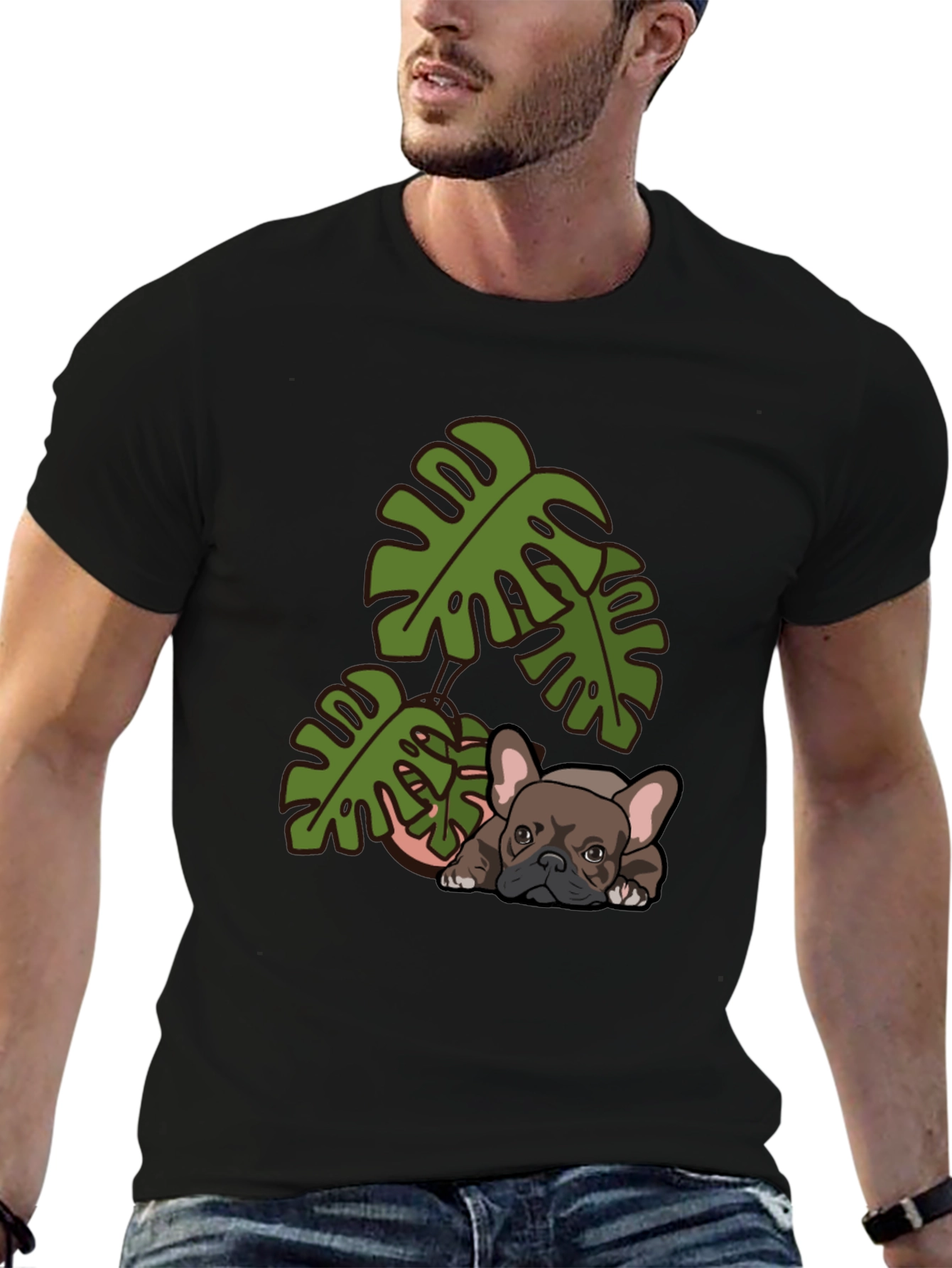 Bulldog & Monstera Leaf Graphic Tee