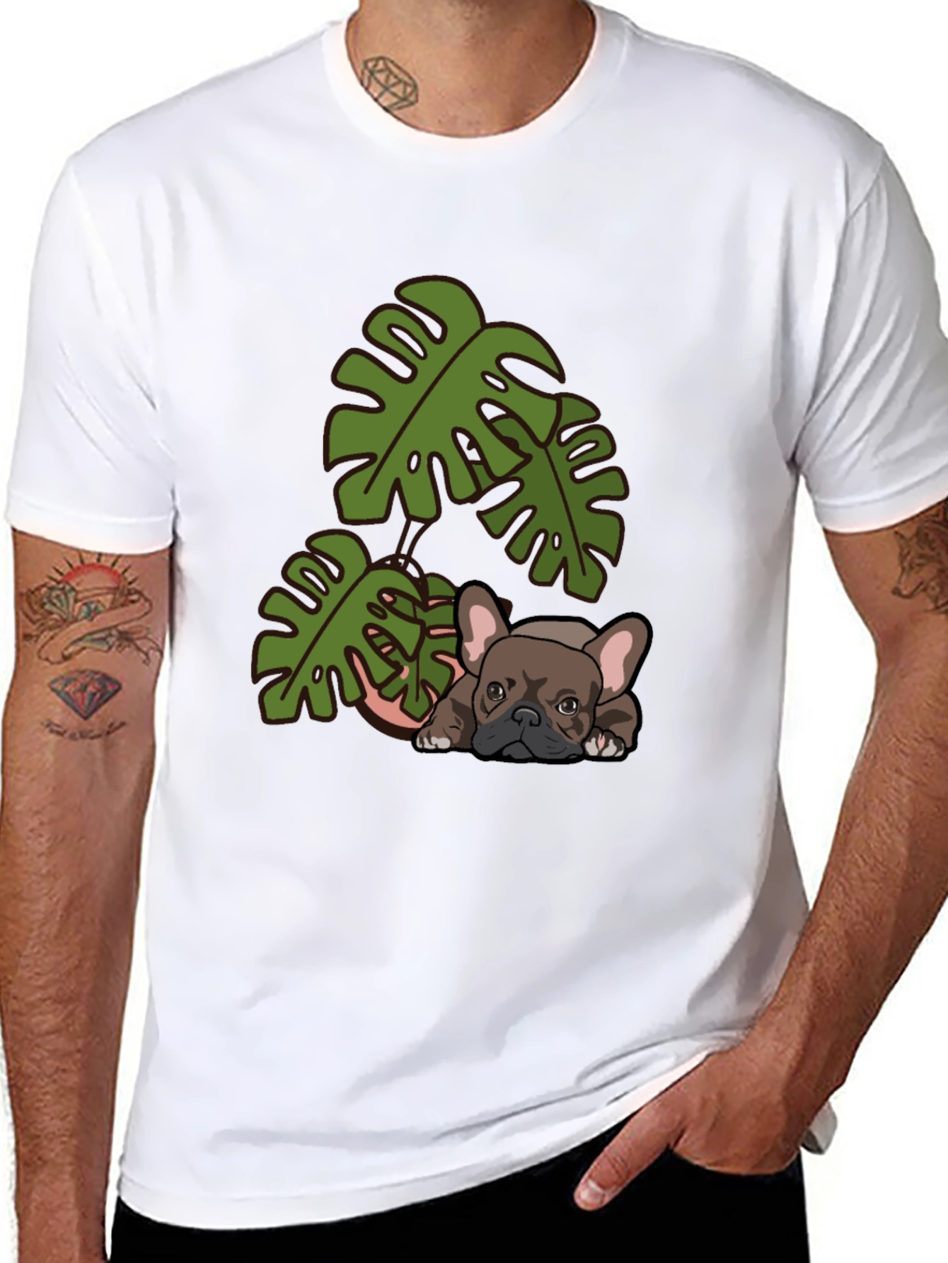 Bulldog & Monstera Leaf Graphic Tee