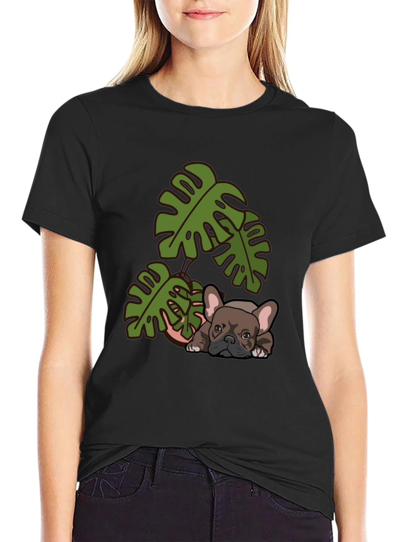 Bulldog & Monstera Leaf Graphic Tee