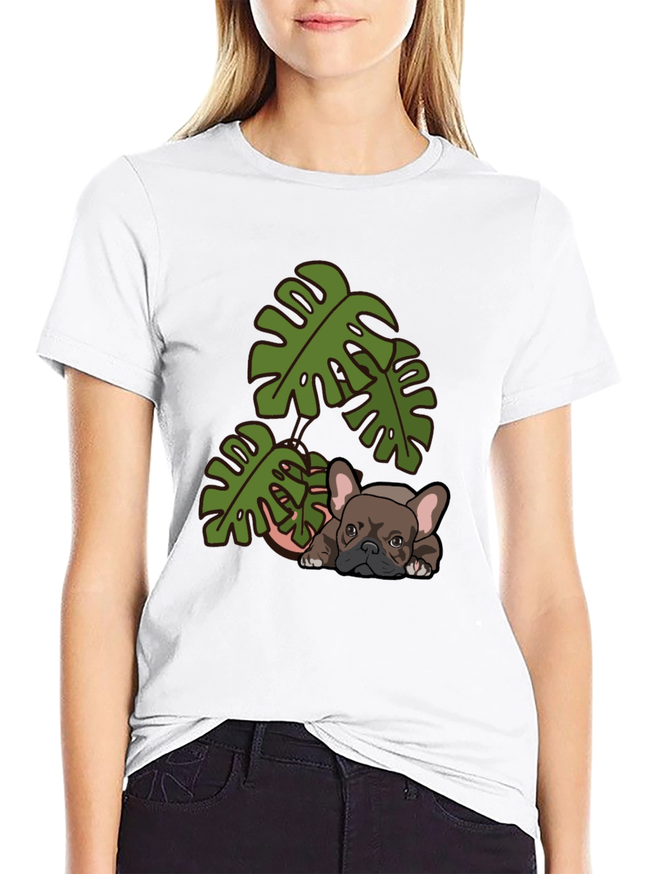 Bulldog & Monstera Leaf Graphic Tee