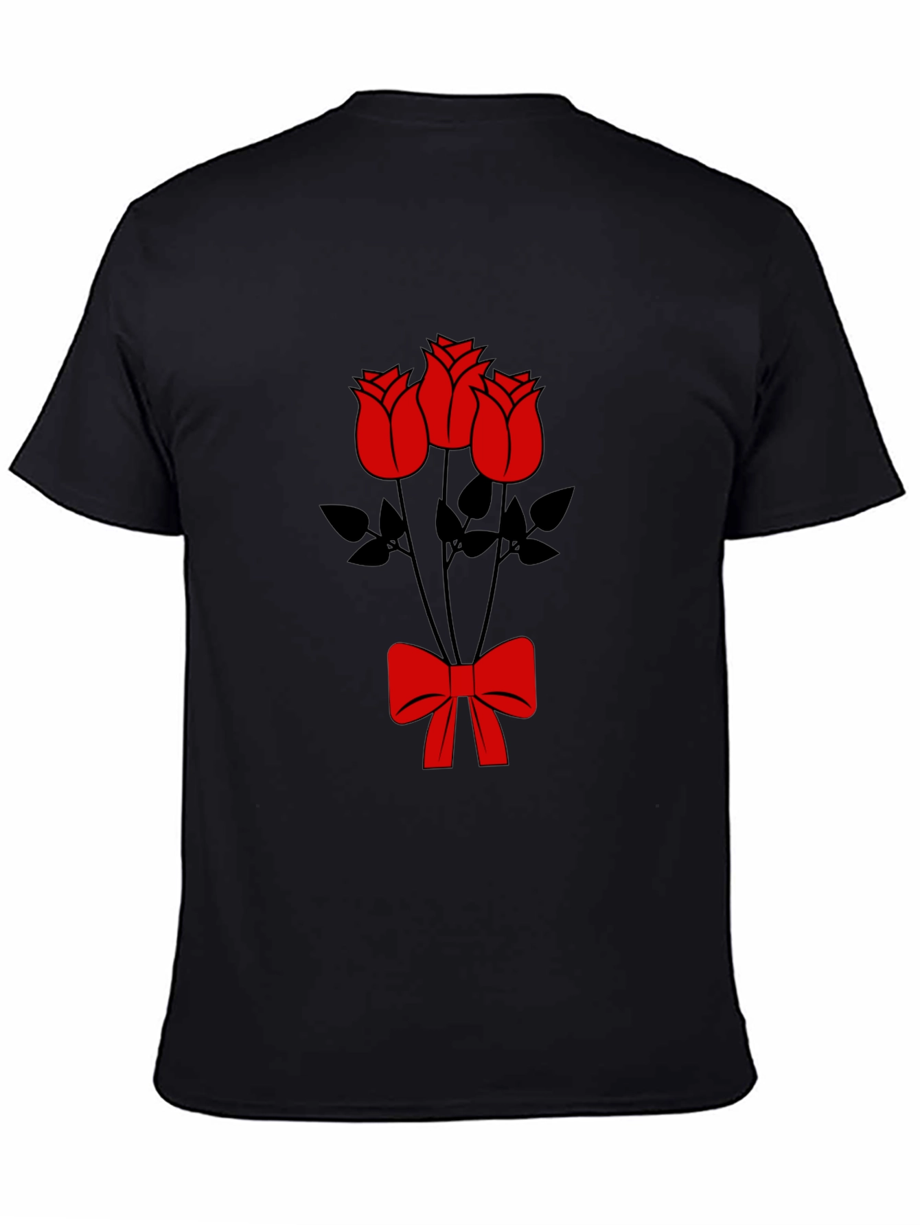 Black T-Shirt with Red Roses and Bow