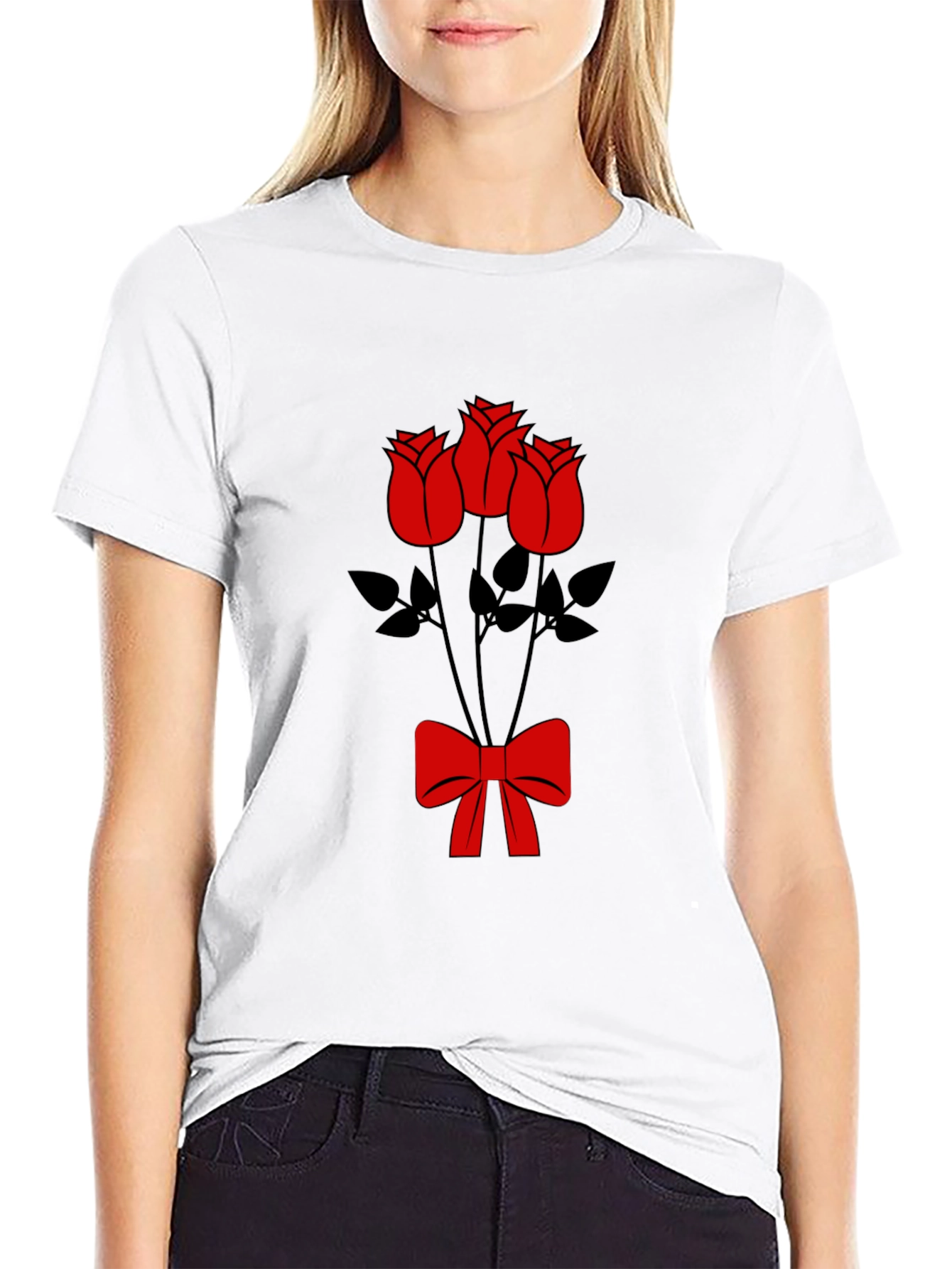 Black T-Shirt with Red Roses and Bow