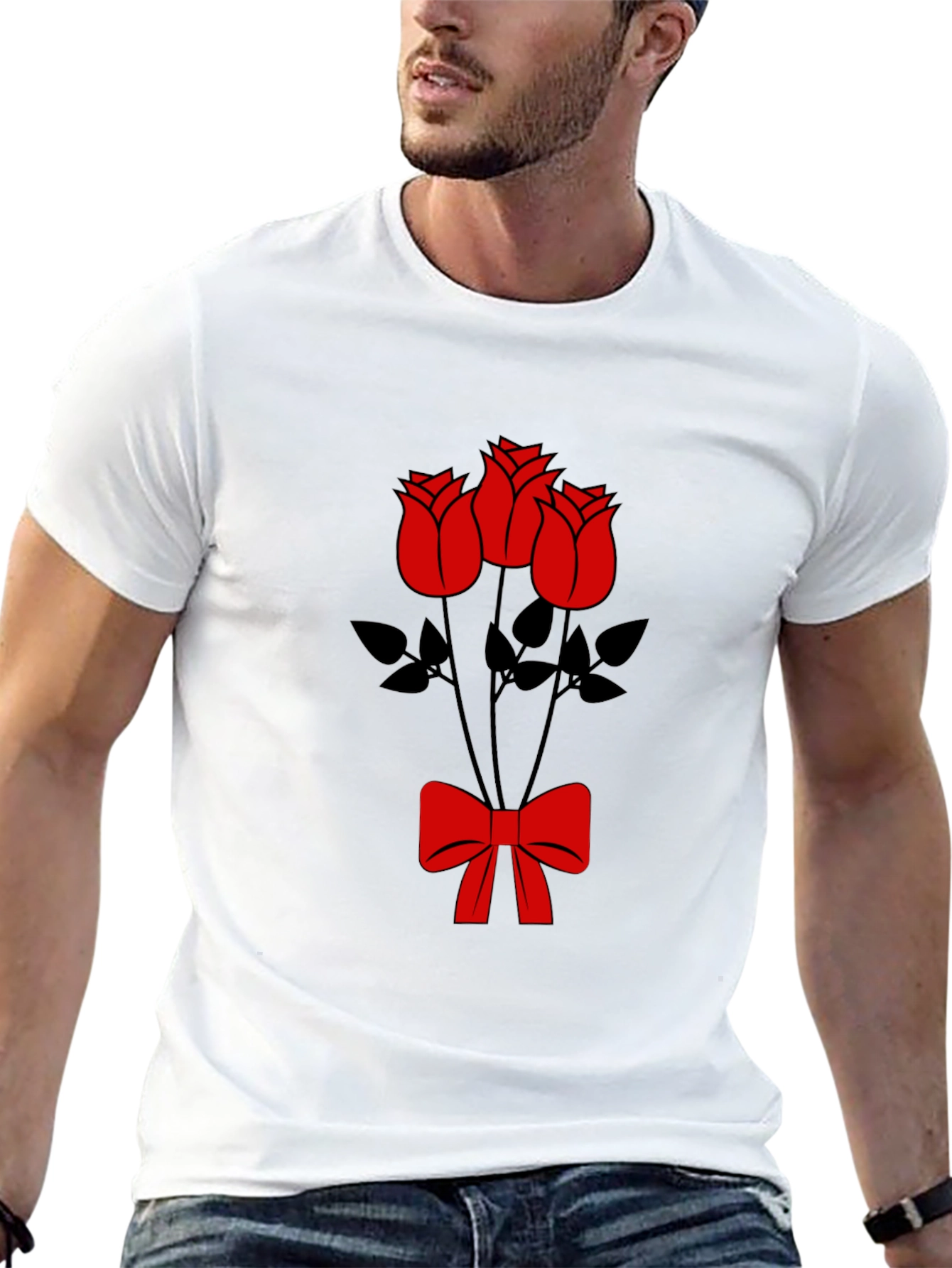 Black T-Shirt with Red Roses and Bow