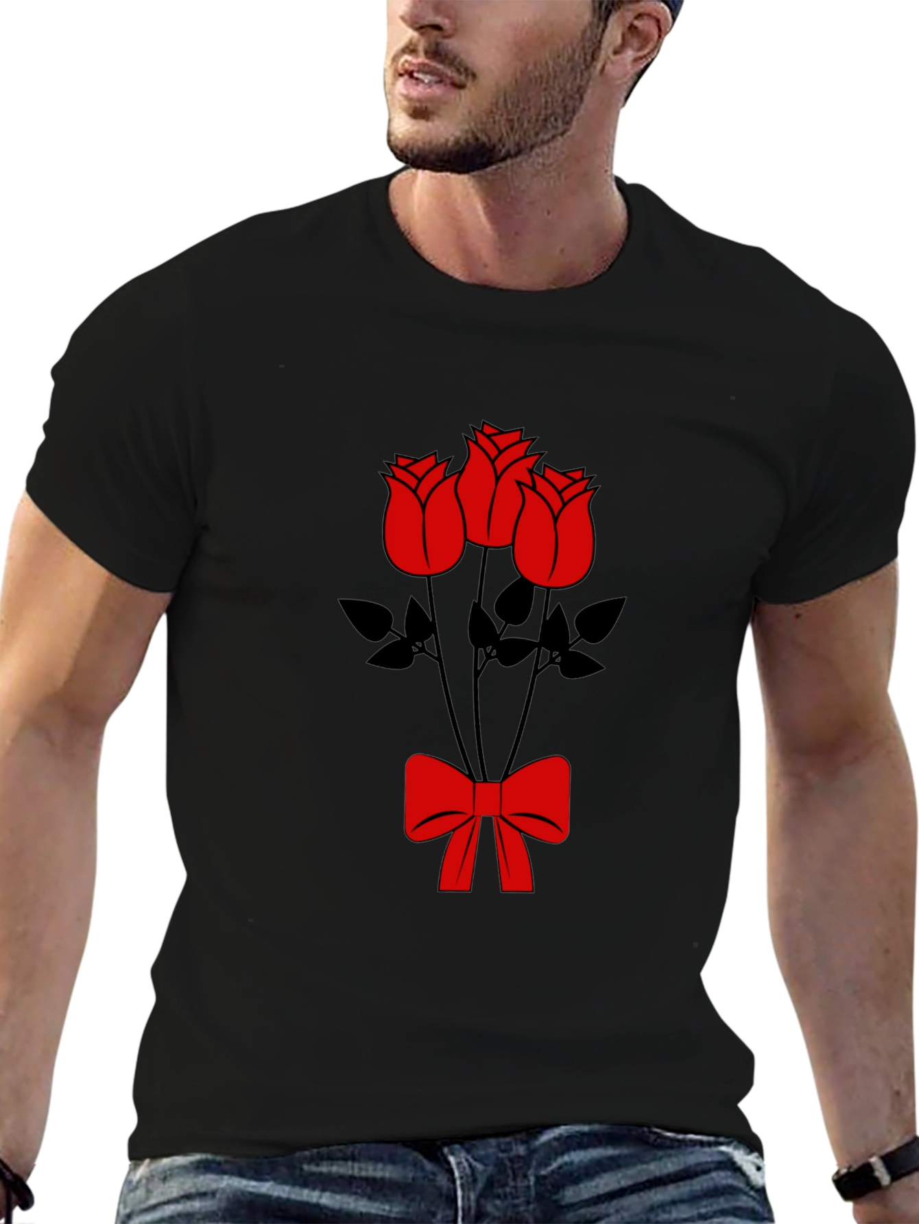 Black T-Shirt with Red Roses and Bow