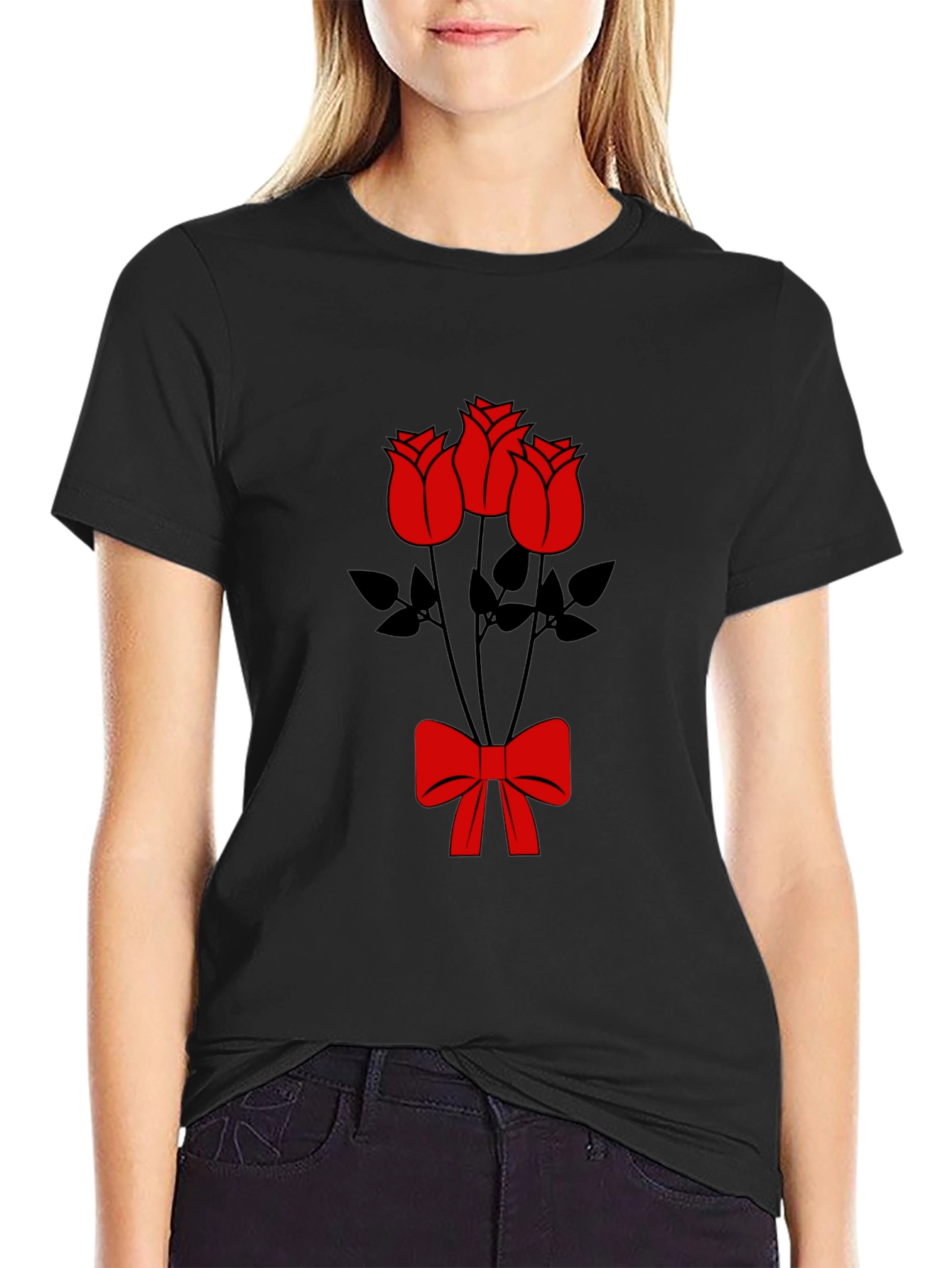 Black T-Shirt with Red Roses and Bow