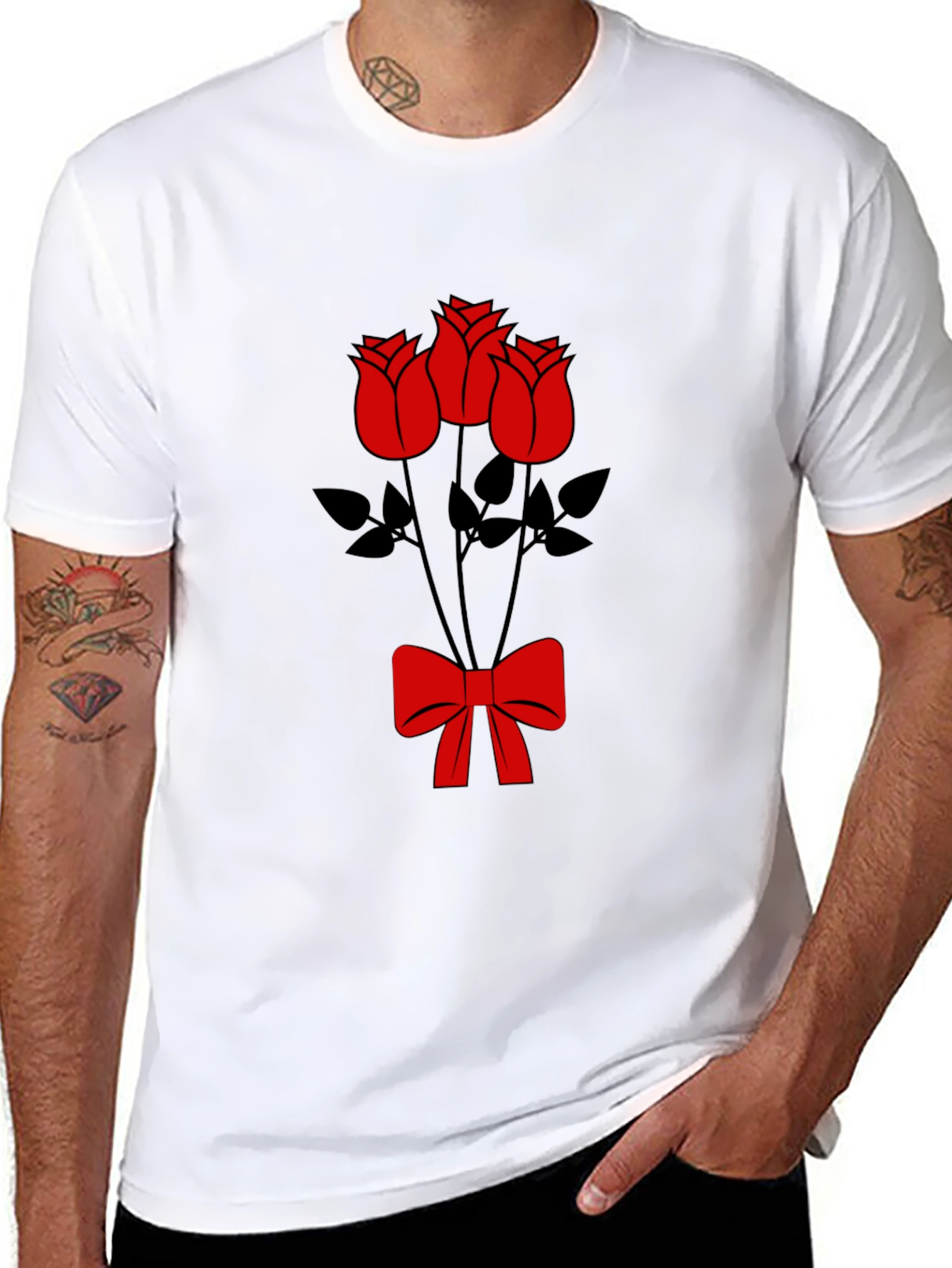Black T-Shirt with Red Roses and Bow