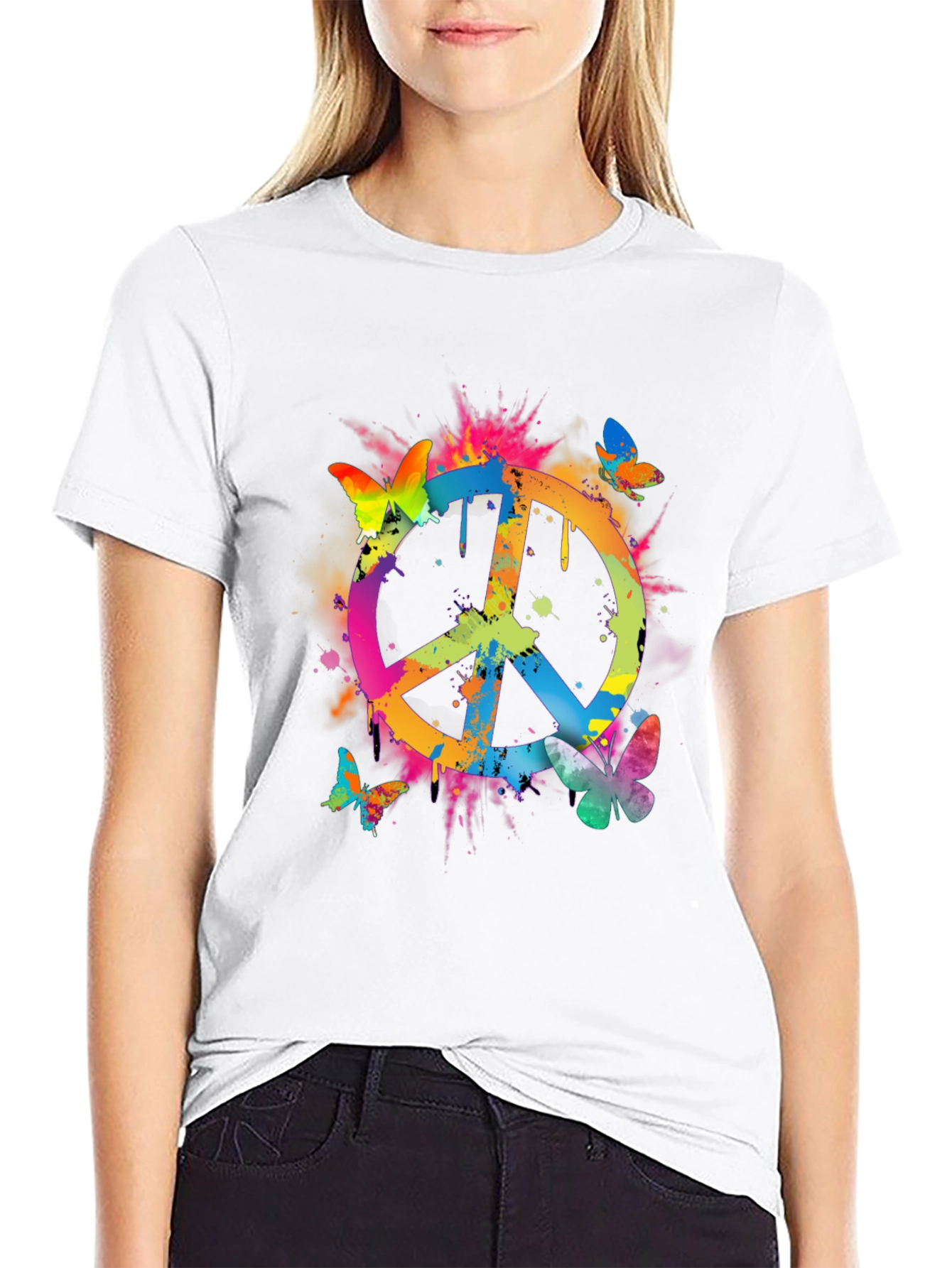 Peace Sign Butterfly Graphic Tee - Black