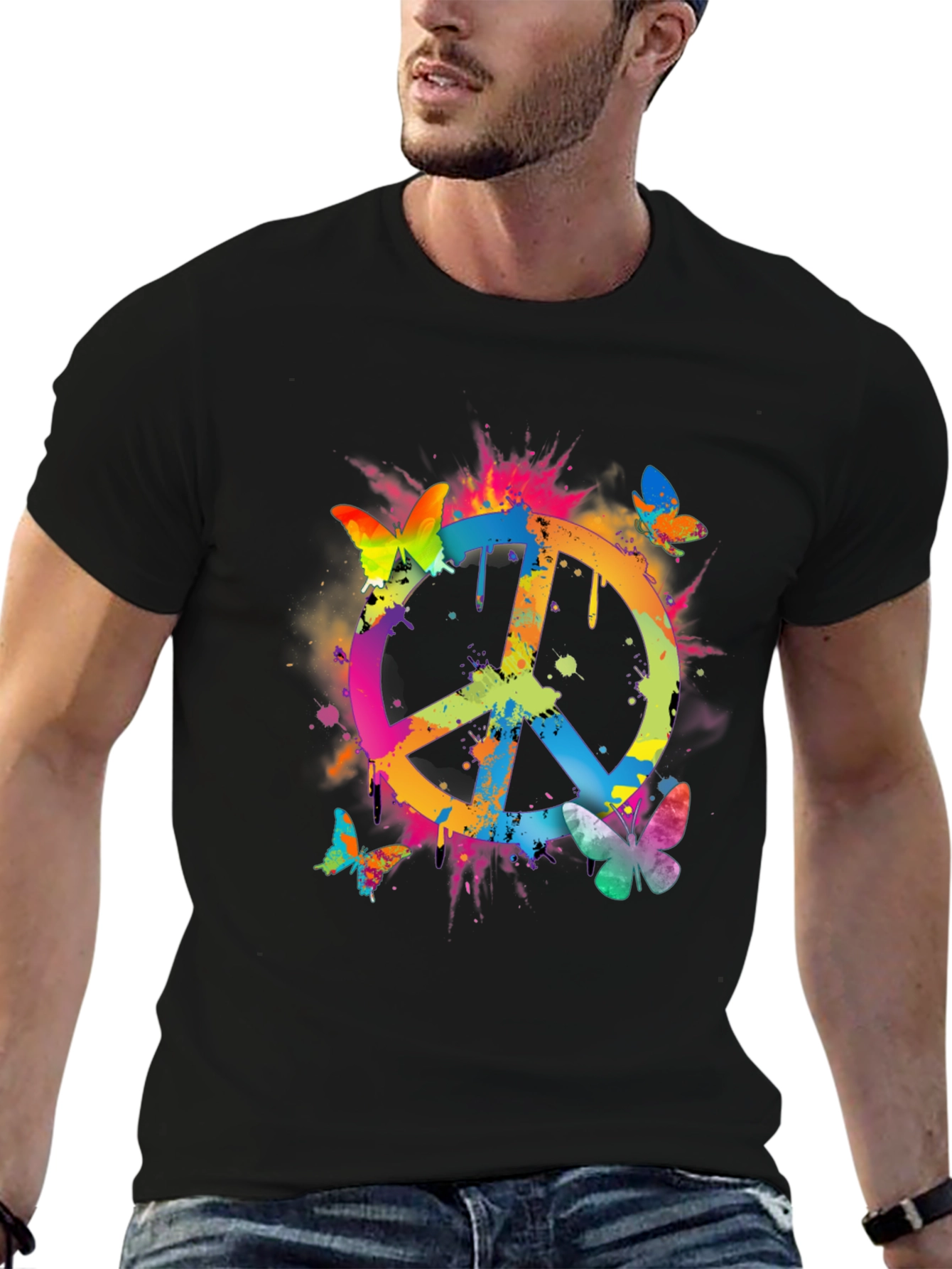 Peace Sign Butterfly Graphic Tee - Black