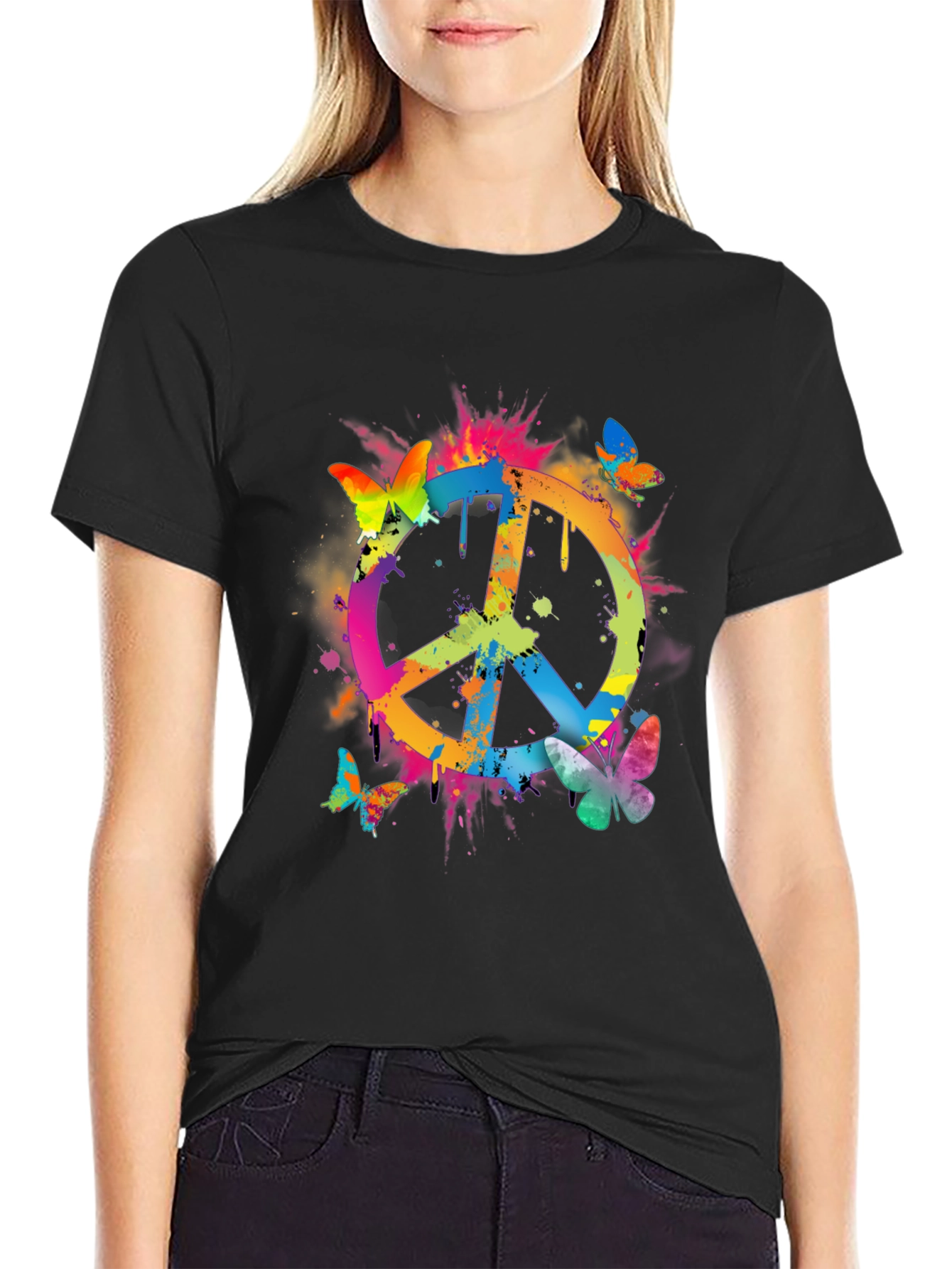 Peace Sign Butterfly Graphic Tee - Black