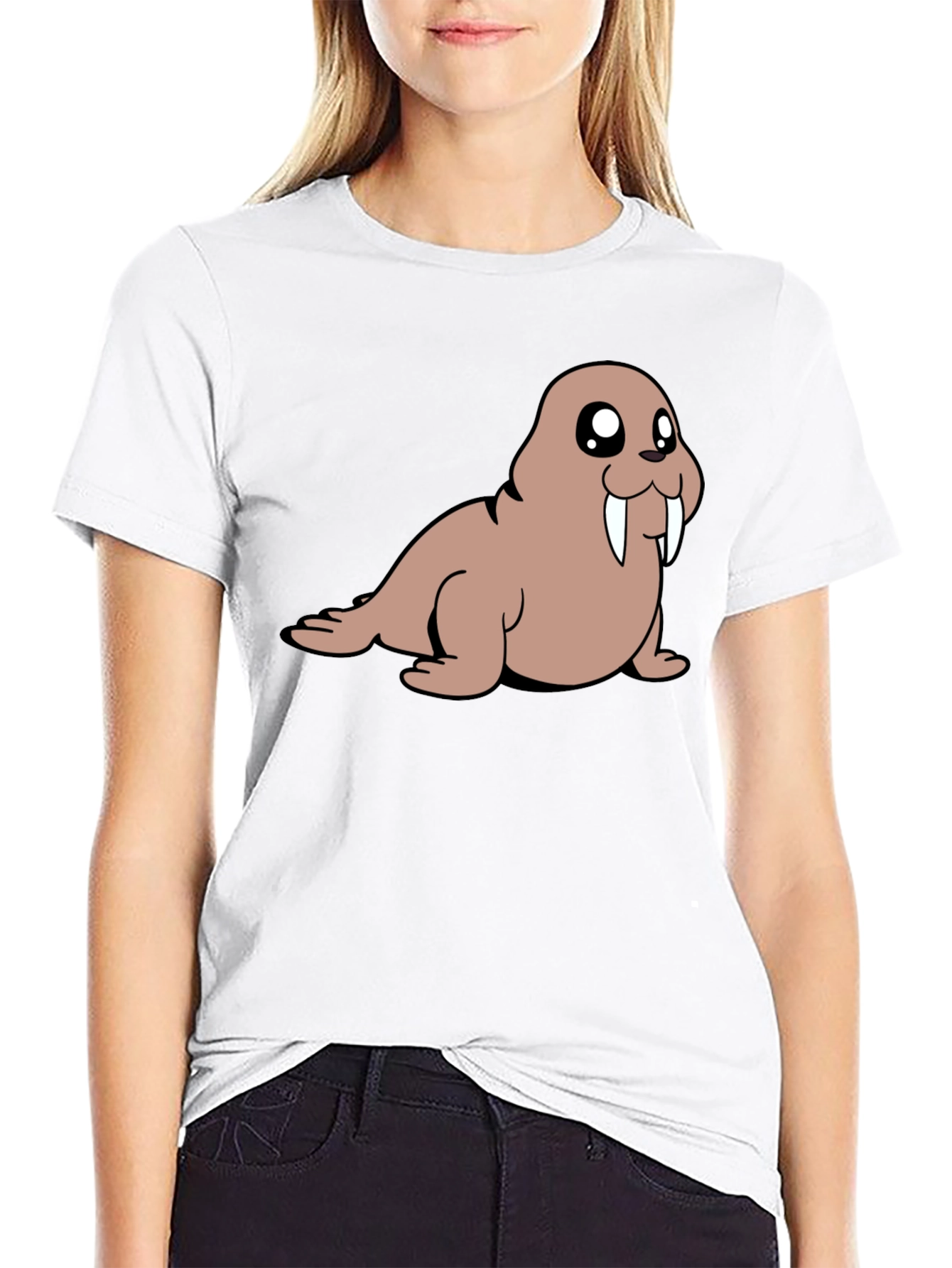 Cartoon Walrus T-Shirt - Black Cotton Tee