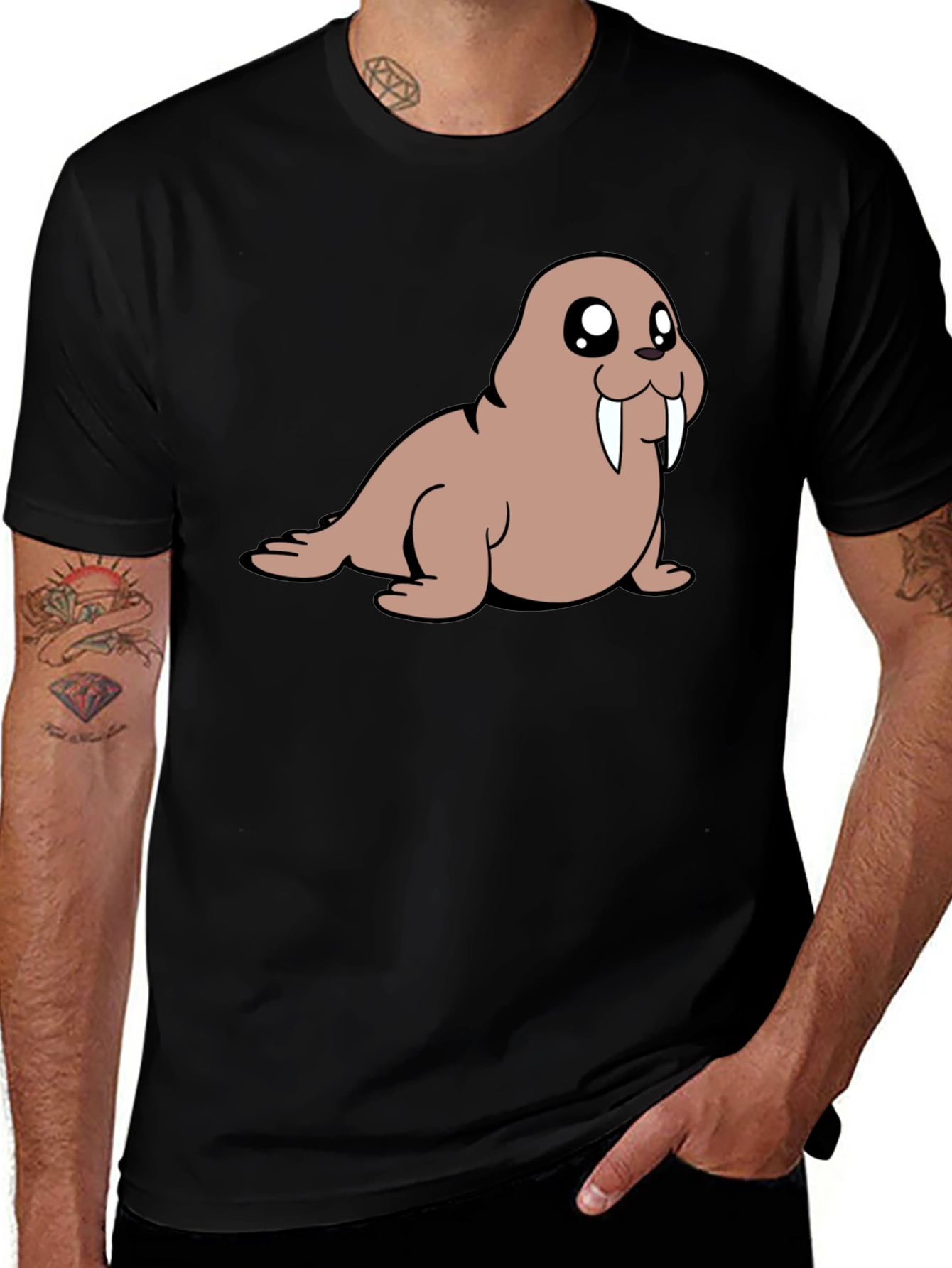 Cartoon Walrus T-Shirt - Black Cotton Tee