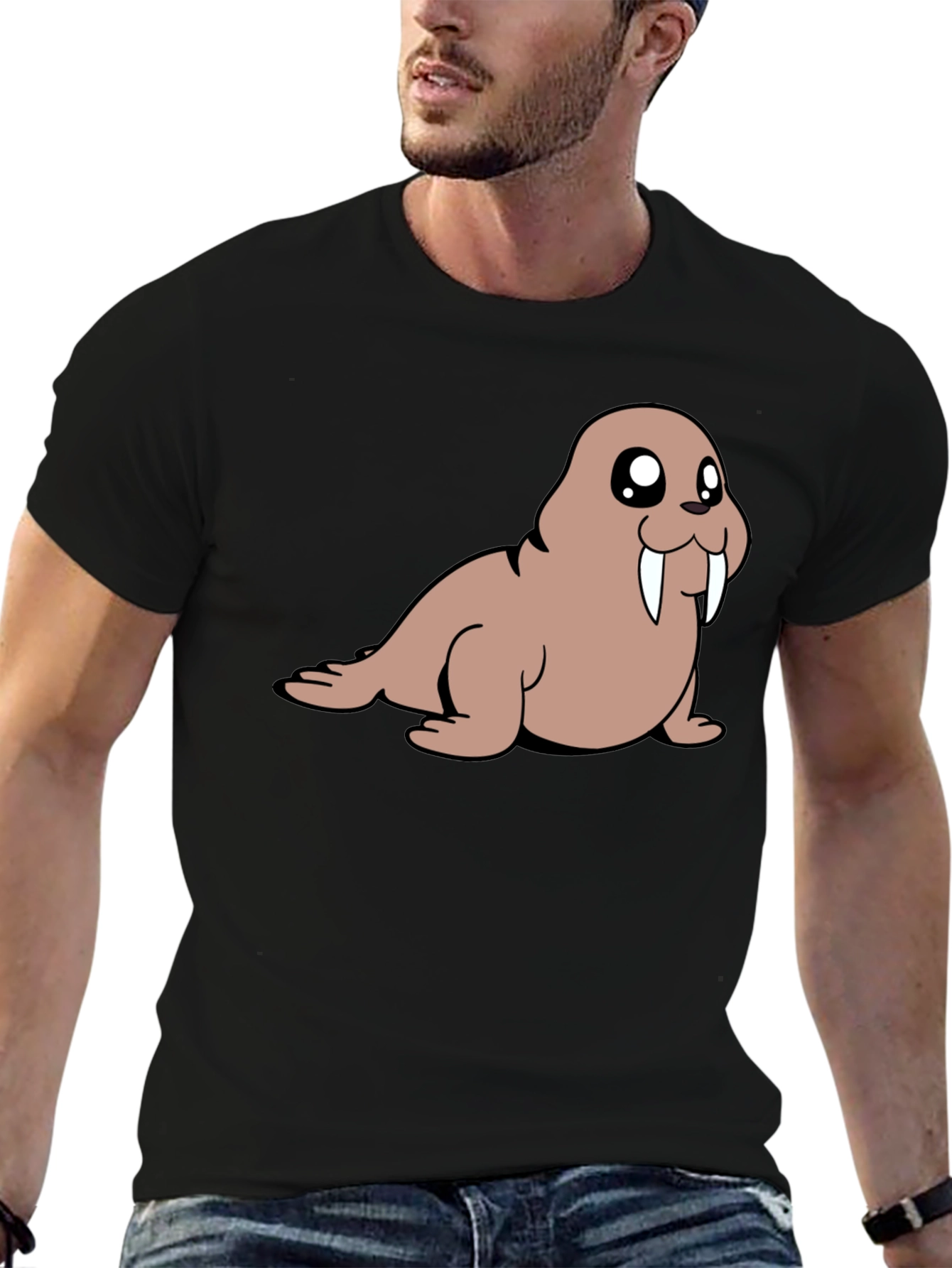Cartoon Walrus T-Shirt - Black Cotton Tee