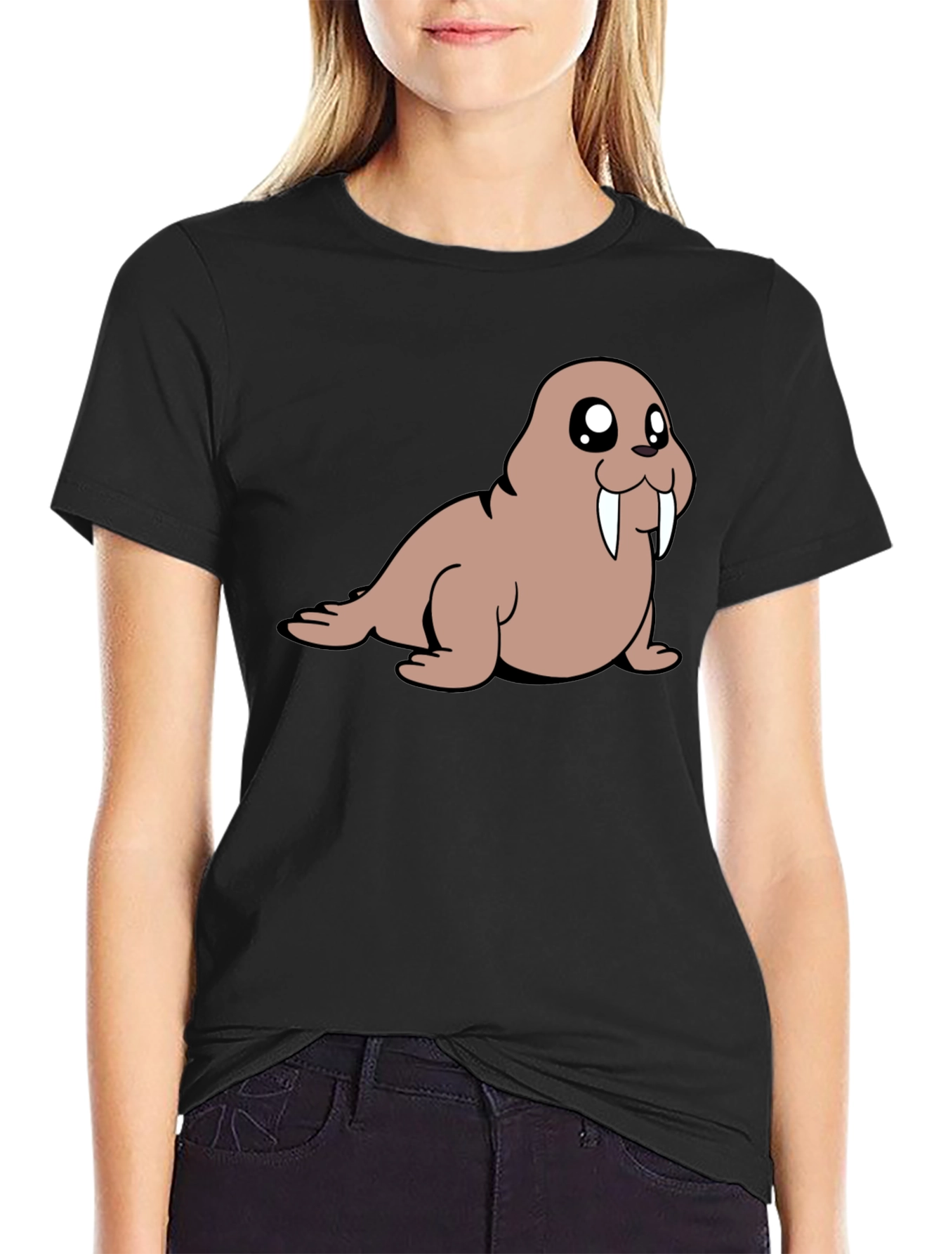 Cartoon Walrus T-Shirt - Black Cotton Tee