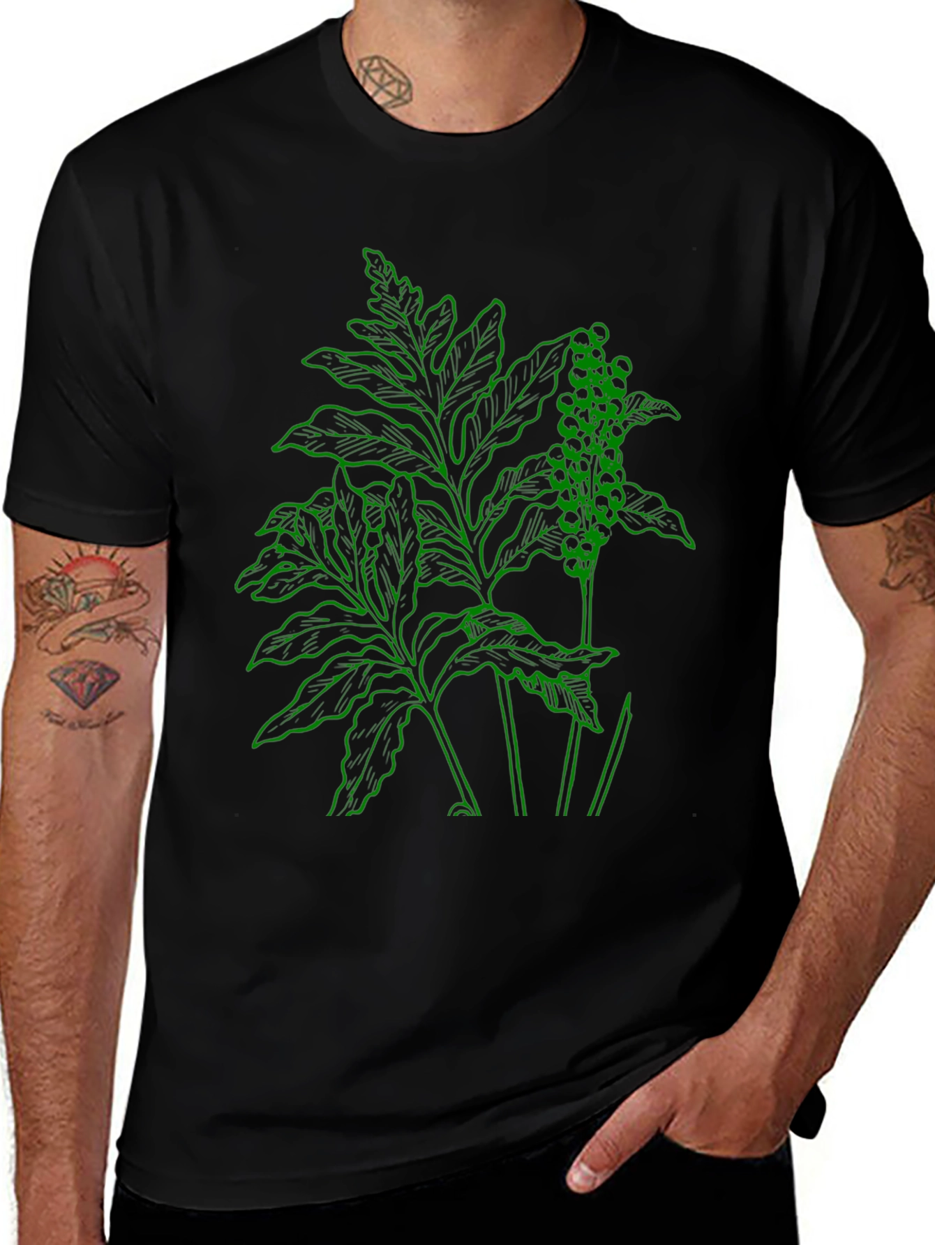 Botanical Green Graphic Black T-Shirt